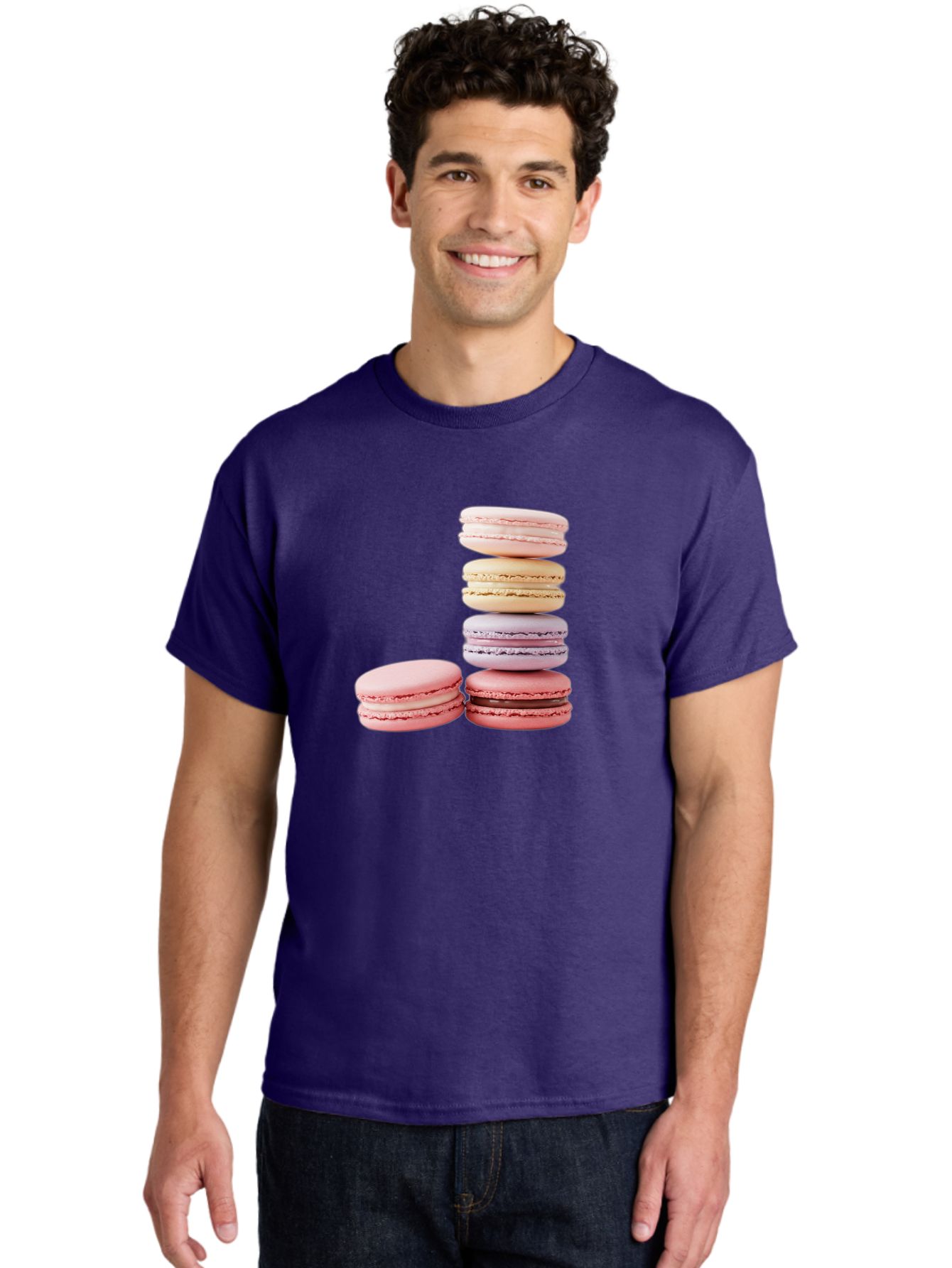Macarons-3 Men'S Graphic Tee, 100% Cotton, Comfortable Casual Summer Wear, Machine Washable, Stacked Macarons, Pastel Colors, Pink, Purple, Beige, Dessert, Sweet Treats, French Macarons, Delicate Meringue-Based Cookies, Creamy Fillings, Baa947