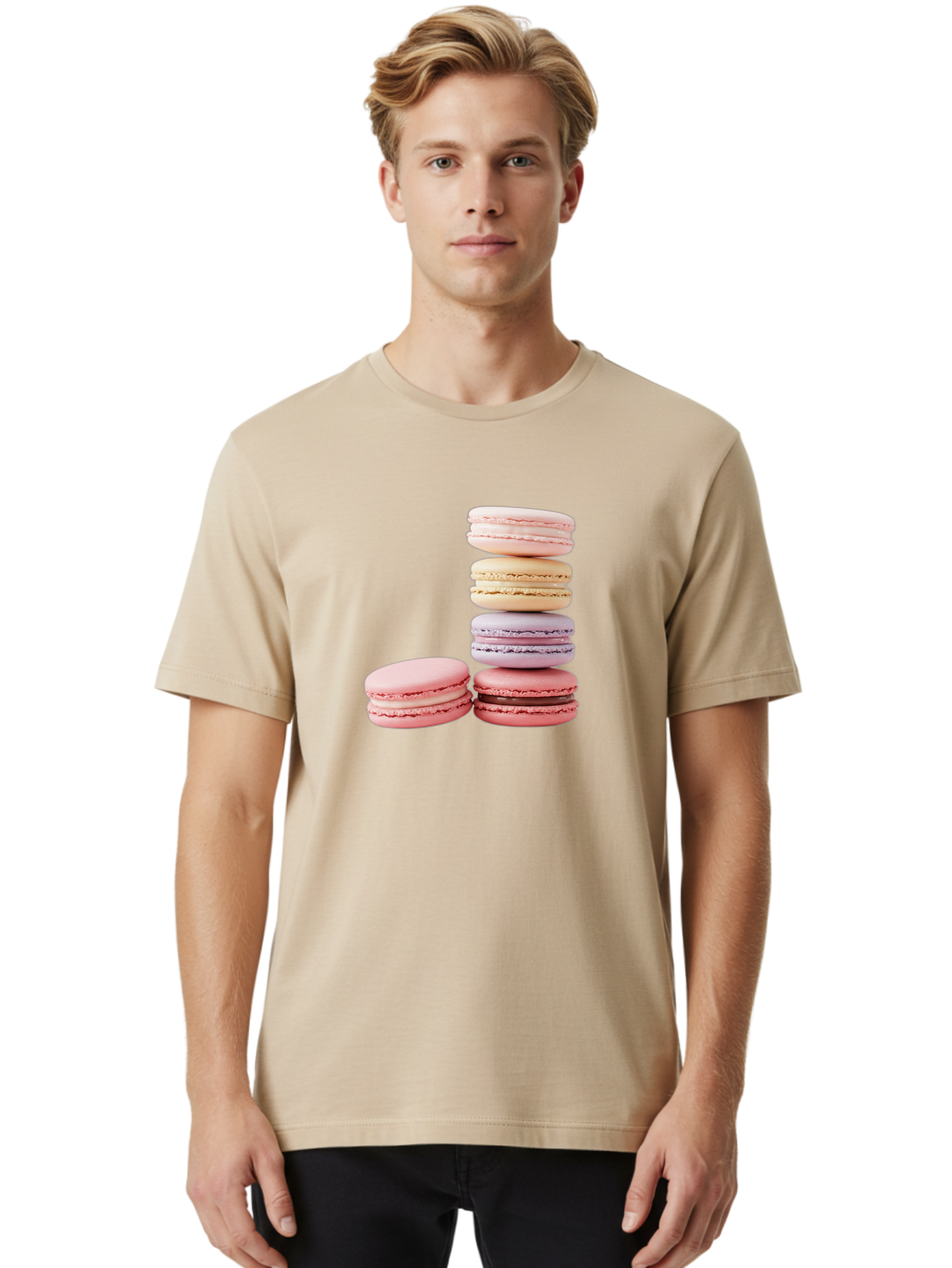 Macarons-3 Men'S Graphic Tee, 100% Cotton, Comfortable Casual Summer Wear, Machine Washable, Stacked Macarons, Pastel Colors, Pink, Purple, Beige, Dessert, Sweet Treats, French Macarons, Delicate Meringue-Based Cookies, Creamy Fillings, Baa947