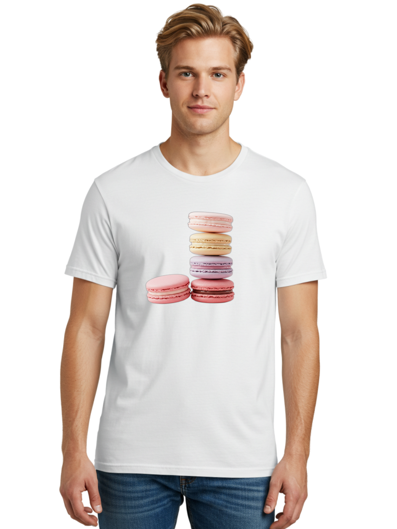 Macarons-3 Men'S Graphic Tee, 100% Cotton, Comfortable Casual Summer Wear, Machine Washable, Stacked Macarons, Pastel Colors, Pink, Purple, Beige, Dessert, Sweet Treats, French Macarons, Delicate Meringue-Based Cookies, Creamy Fillings, Baa947