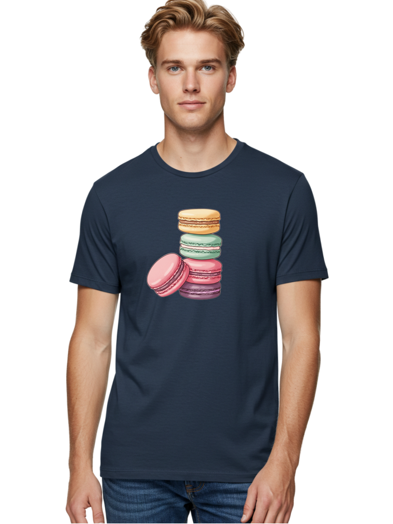 Macarons-4 Men'S Graphic Tee, 100% Cotton, Comfortable Casual Summer Wear, Machine Washable, Stack Of Colorful Macarons, Pastel Colors, Sweet Treats, Dessert, Baked Goods, French Patisserie, Macaron Stack, French Dessert, Colorful Sweets, Baa948