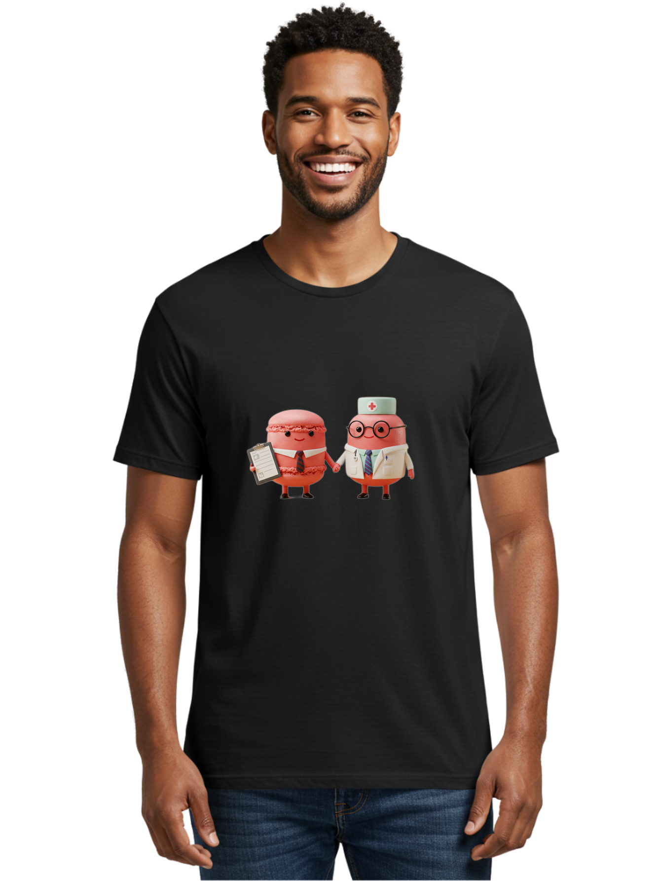 Macarons-9 Men'S Graphic Tee, 100% Cotton, Comfortable Casual Summer Wear, Machine Washable, Macarons As Professionals, Doctor And Office Worker, Cartoon Characters, Pink Macarons, Business Attire, Medical Uniform, Holding Hands, Happy Faces, Baa953
