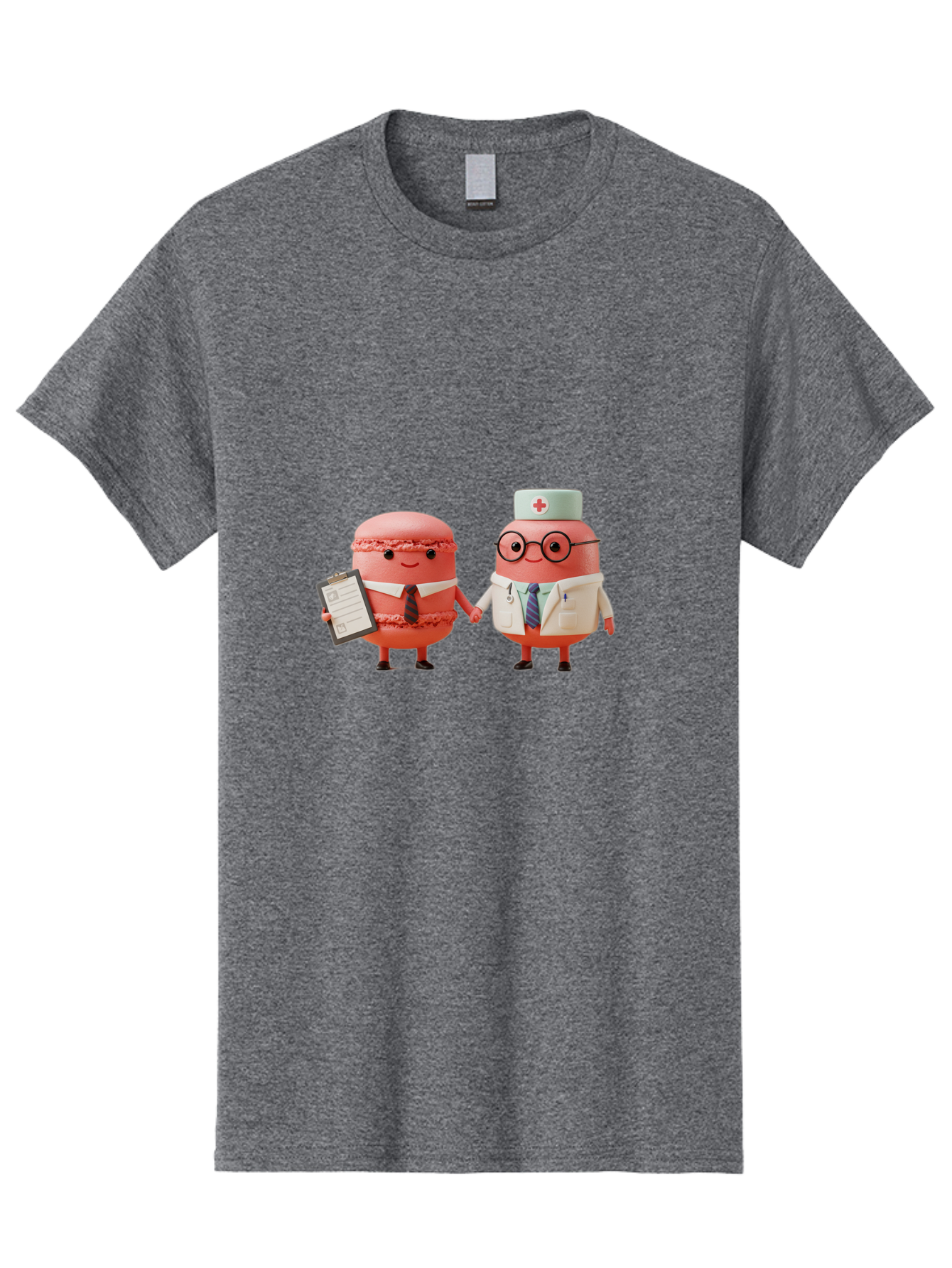 Macarons-9 Men'S Graphic Tee, 100% Cotton, Comfortable Casual Summer Wear, Machine Washable, Macarons As Professionals, Doctor And Office Worker, Cartoon Characters, Pink Macarons, Business Attire, Medical Uniform, Holding Hands, Happy Faces, Baa953
