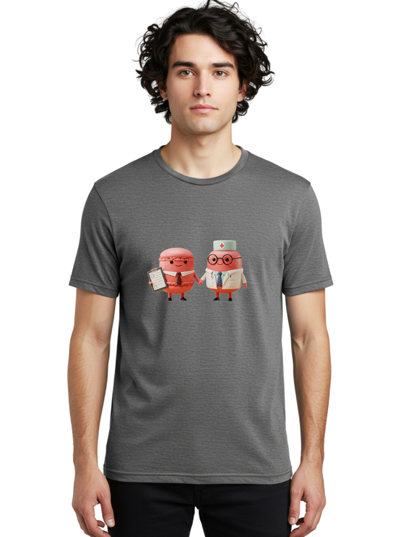 Macarons-9 Men'S Graphic Tee, 100% Cotton, Comfortable Casual Summer Wear, Machine Washable, Macarons As Professionals, Doctor And Office Worker, Cartoon Characters, Pink Macarons, Business Attire, Medical Uniform, Holding Hands, Happy Faces, Baa953