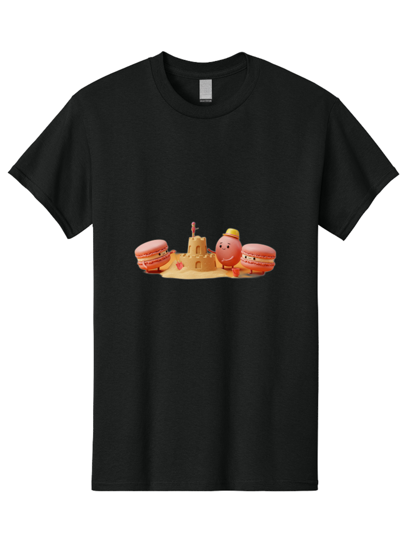 Macarons-And-Macaron-Character-By-Sandcastle Men'S Graphic Tee, 100% Cotton, Comfortable Casual Summer Wear, Machine Washable, Cartoon Macarons, Sandcastle, Beach Scene, Funny Friends, Sweet Treats, Summer Vibes, Playful Characters, Baa954