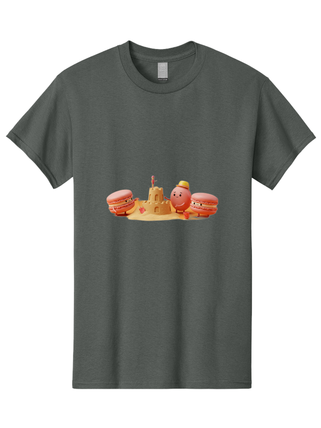 Macarons-And-Macaron-Character-By-Sandcastle Men'S Graphic Tee, 100% Cotton, Comfortable Casual Summer Wear, Machine Washable, Cartoon Macarons, Sandcastle, Beach Scene, Funny Friends, Sweet Treats, Summer Vibes, Playful Characters, Baa954