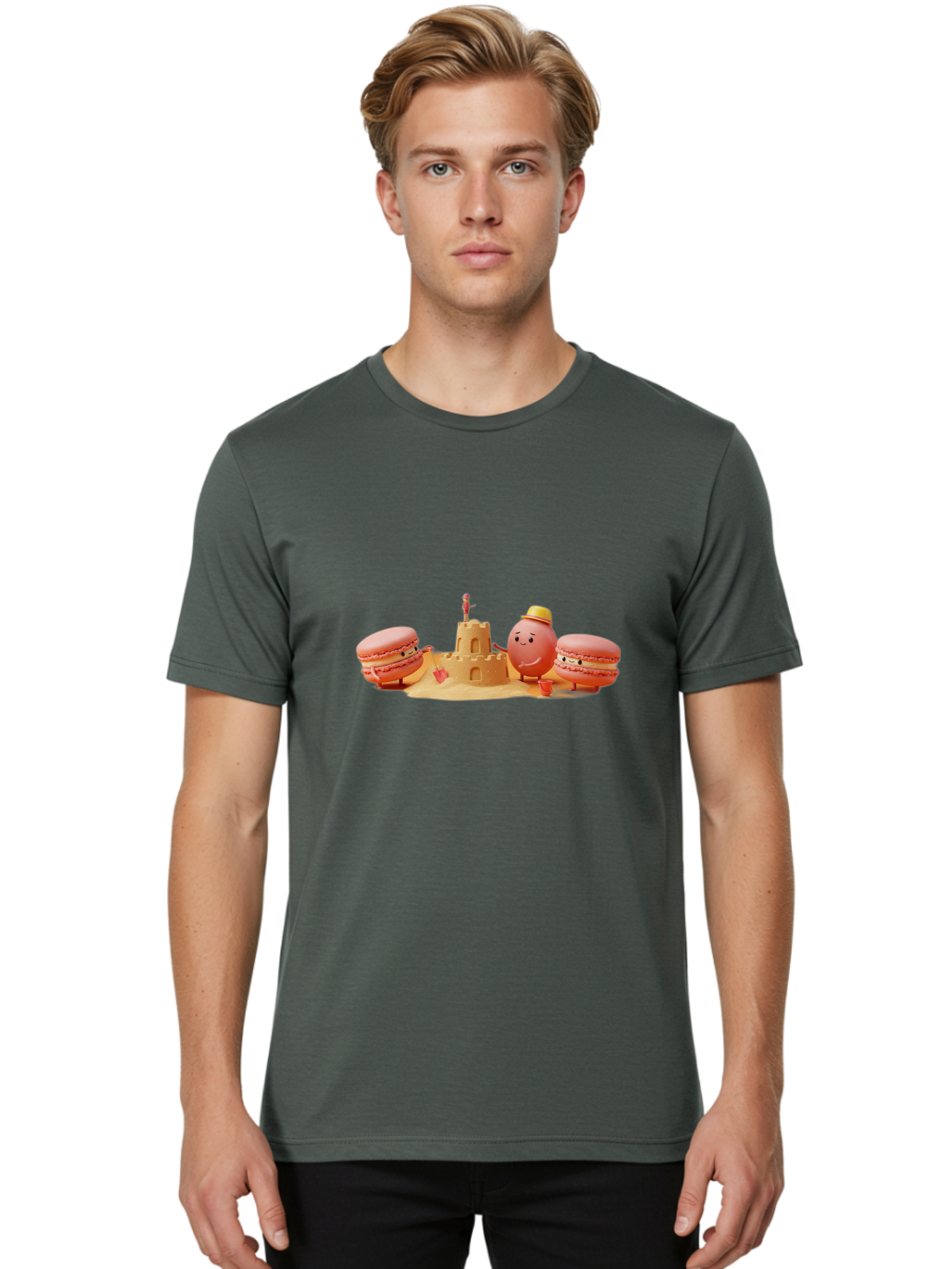 Macarons-And-Macaron-Character-By-Sandcastle Men'S Graphic Tee, 100% Cotton, Comfortable Casual Summer Wear, Machine Washable, Cartoon Macarons, Sandcastle, Beach Scene, Funny Friends, Sweet Treats, Summer Vibes, Playful Characters, Baa954