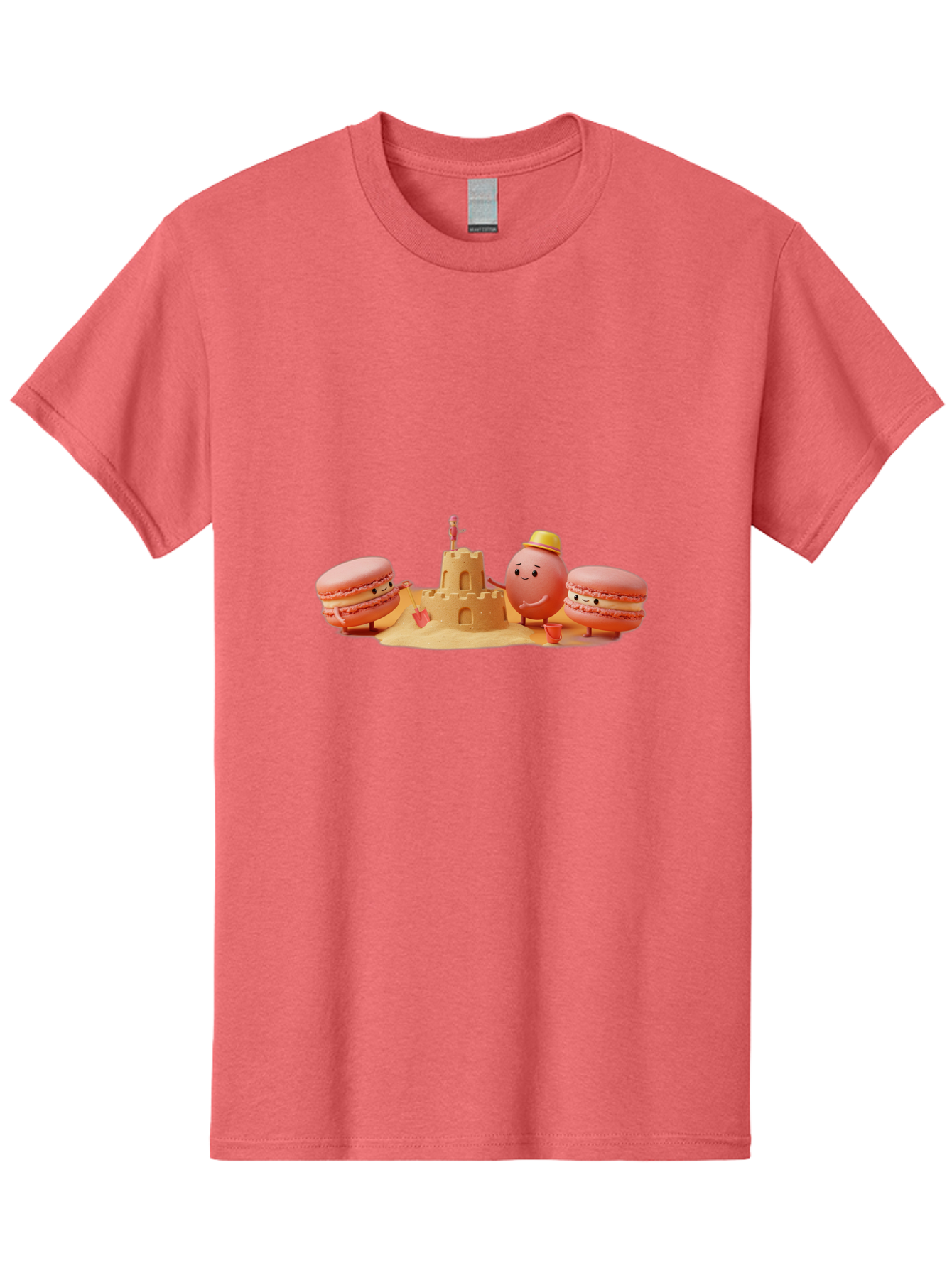 Macarons-And-Macaron-Character-By-Sandcastle Men'S Graphic Tee, 100% Cotton, Comfortable Casual Summer Wear, Machine Washable, Cartoon Macarons, Sandcastle, Beach Scene, Funny Friends, Sweet Treats, Summer Vibes, Playful Characters, Baa954