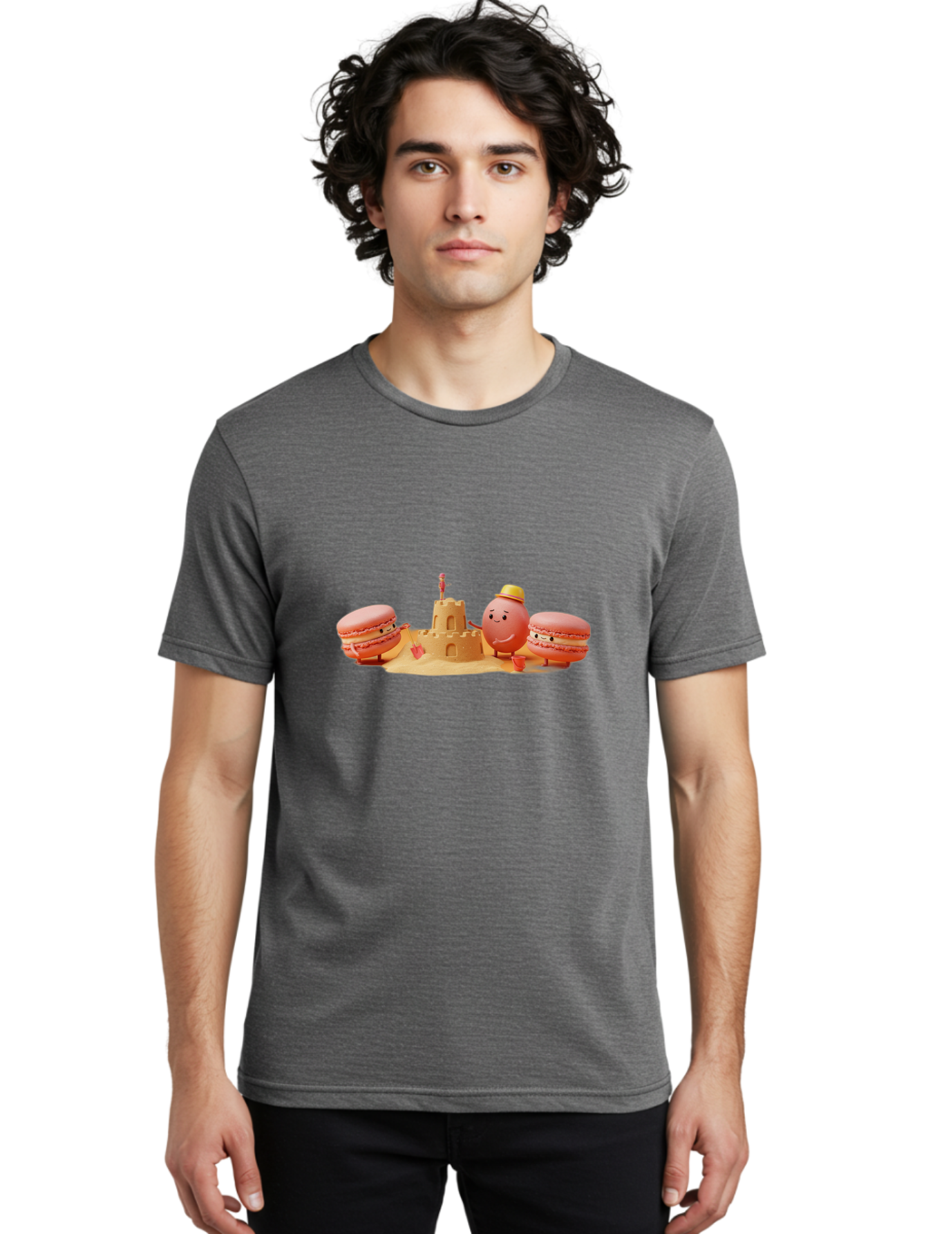 Macarons-And-Macaron-Character-By-Sandcastle Men'S Graphic Tee, 100% Cotton, Comfortable Casual Summer Wear, Machine Washable, Cartoon Macarons, Sandcastle, Beach Scene, Funny Friends, Sweet Treats, Summer Vibes, Playful Characters, Baa954