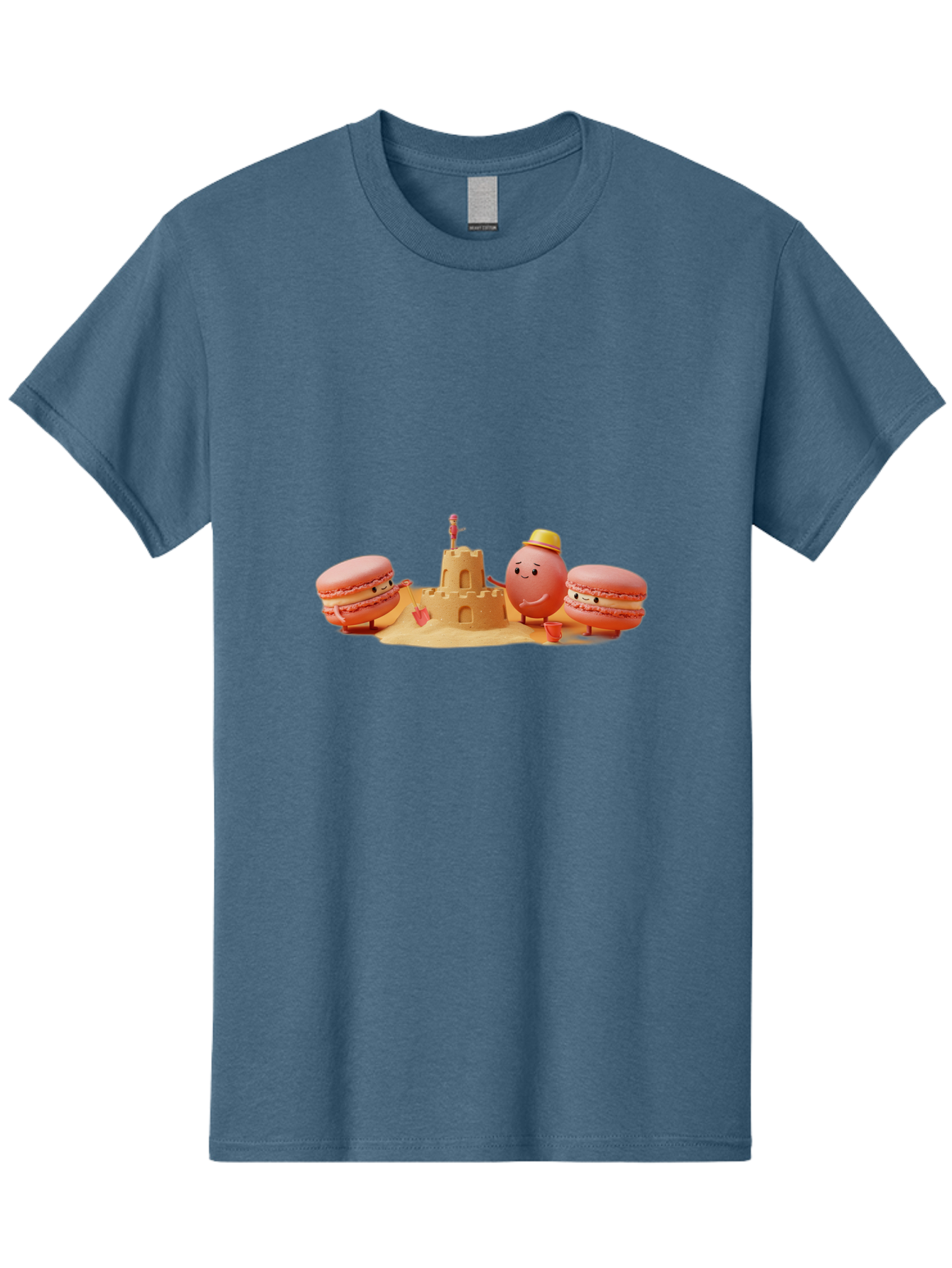 Macarons-And-Macaron-Character-By-Sandcastle Men'S Graphic Tee, 100% Cotton, Comfortable Casual Summer Wear, Machine Washable, Cartoon Macarons, Sandcastle, Beach Scene, Funny Friends, Sweet Treats, Summer Vibes, Playful Characters, Baa954