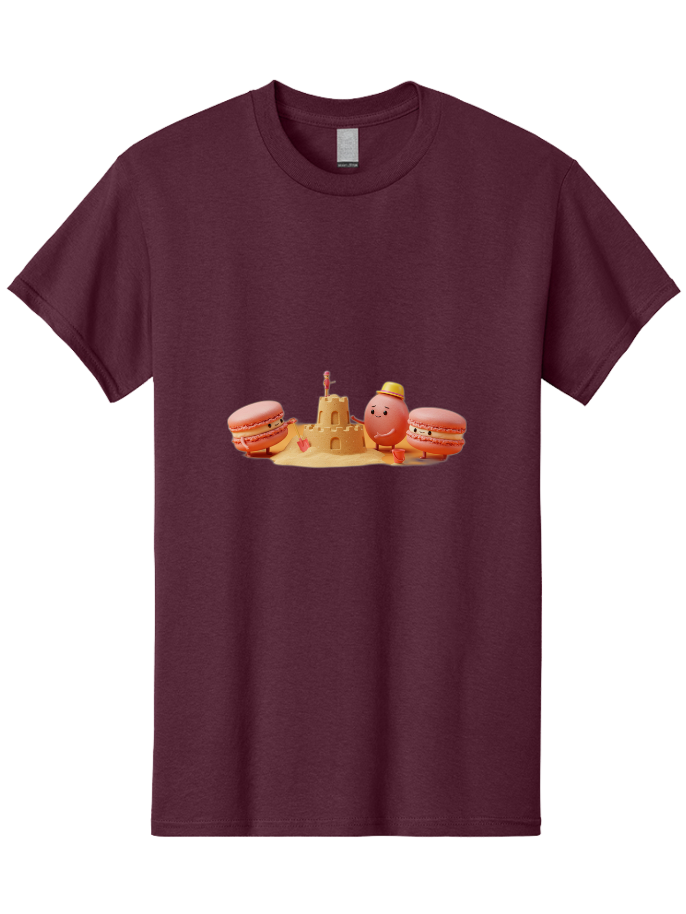 Macarons-And-Macaron-Character-By-Sandcastle Men'S Graphic Tee, 100% Cotton, Comfortable Casual Summer Wear, Machine Washable, Cartoon Macarons, Sandcastle, Beach Scene, Funny Friends, Sweet Treats, Summer Vibes, Playful Characters, Baa954