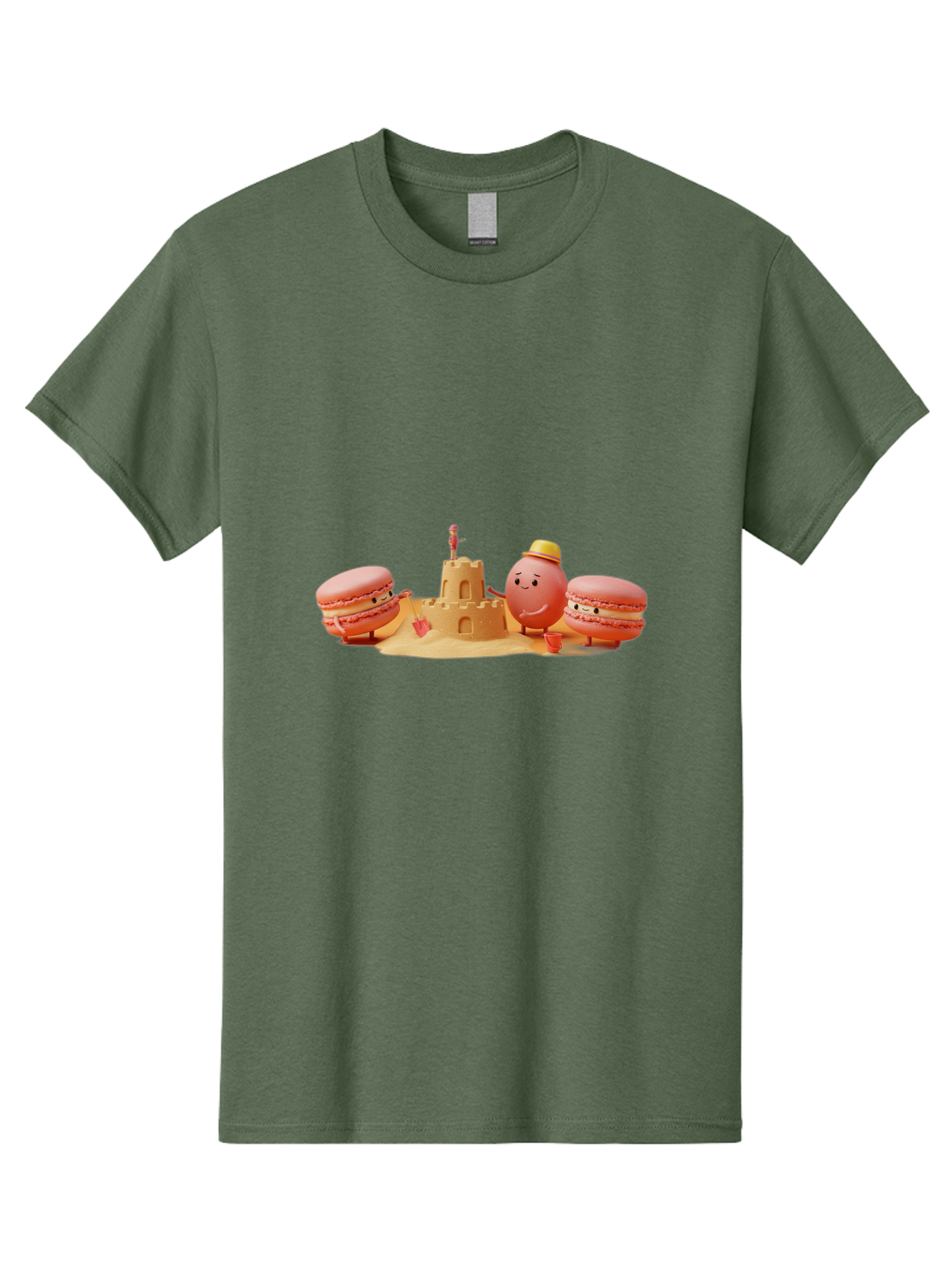 Macarons-And-Macaron-Character-By-Sandcastle Men'S Graphic Tee, 100% Cotton, Comfortable Casual Summer Wear, Machine Washable, Cartoon Macarons, Sandcastle, Beach Scene, Funny Friends, Sweet Treats, Summer Vibes, Playful Characters, Baa954