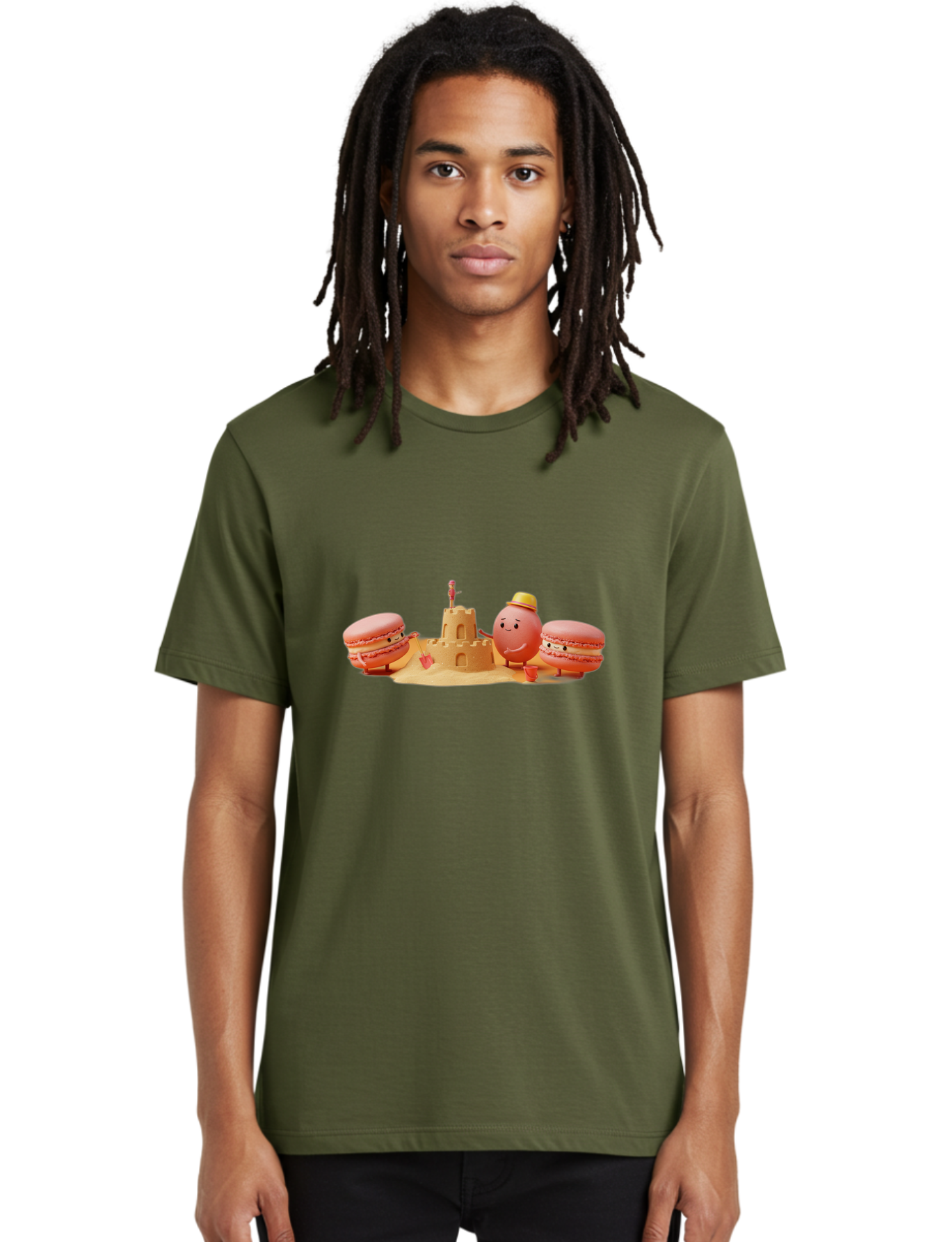 Macarons-And-Macaron-Character-By-Sandcastle Men'S Graphic Tee, 100% Cotton, Comfortable Casual Summer Wear, Machine Washable, Cartoon Macarons, Sandcastle, Beach Scene, Funny Friends, Sweet Treats, Summer Vibes, Playful Characters, Baa954