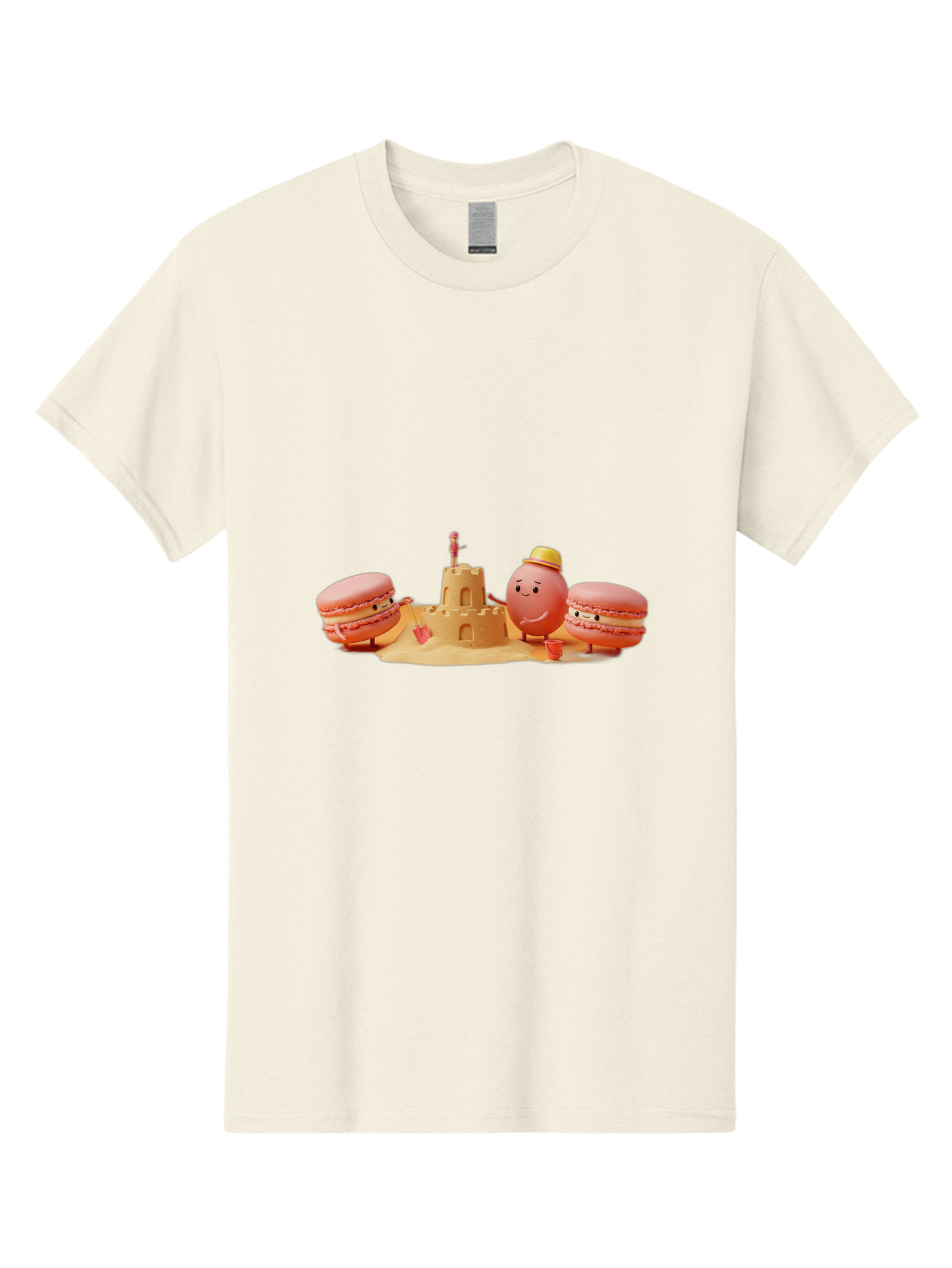Macarons-And-Macaron-Character-By-Sandcastle Men'S Graphic Tee, 100% Cotton, Comfortable Casual Summer Wear, Machine Washable, Cartoon Macarons, Sandcastle, Beach Scene, Funny Friends, Sweet Treats, Summer Vibes, Playful Characters, Baa954