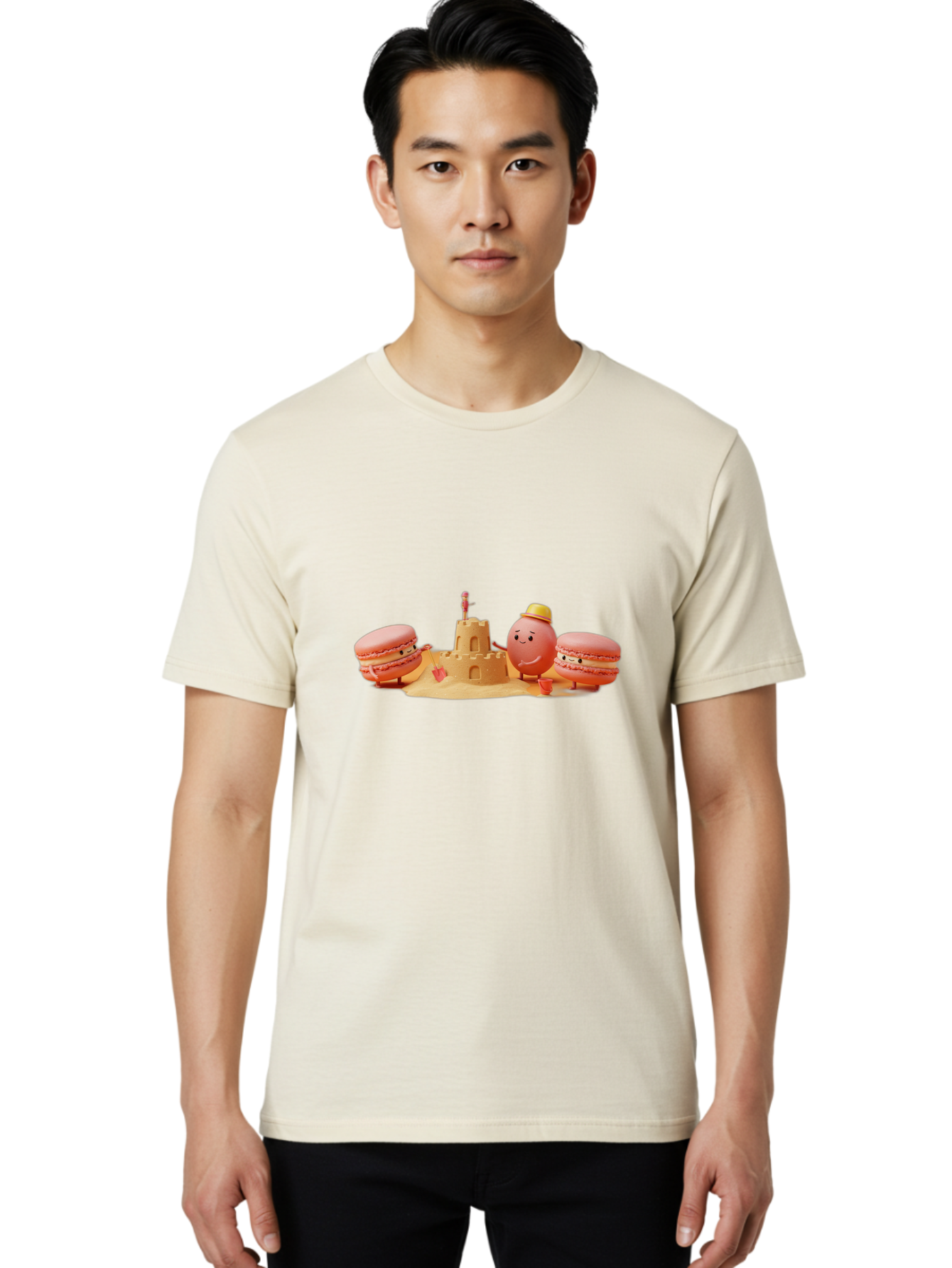 Macarons-And-Macaron-Character-By-Sandcastle Men'S Graphic Tee, 100% Cotton, Comfortable Casual Summer Wear, Machine Washable, Cartoon Macarons, Sandcastle, Beach Scene, Funny Friends, Sweet Treats, Summer Vibes, Playful Characters, Baa954