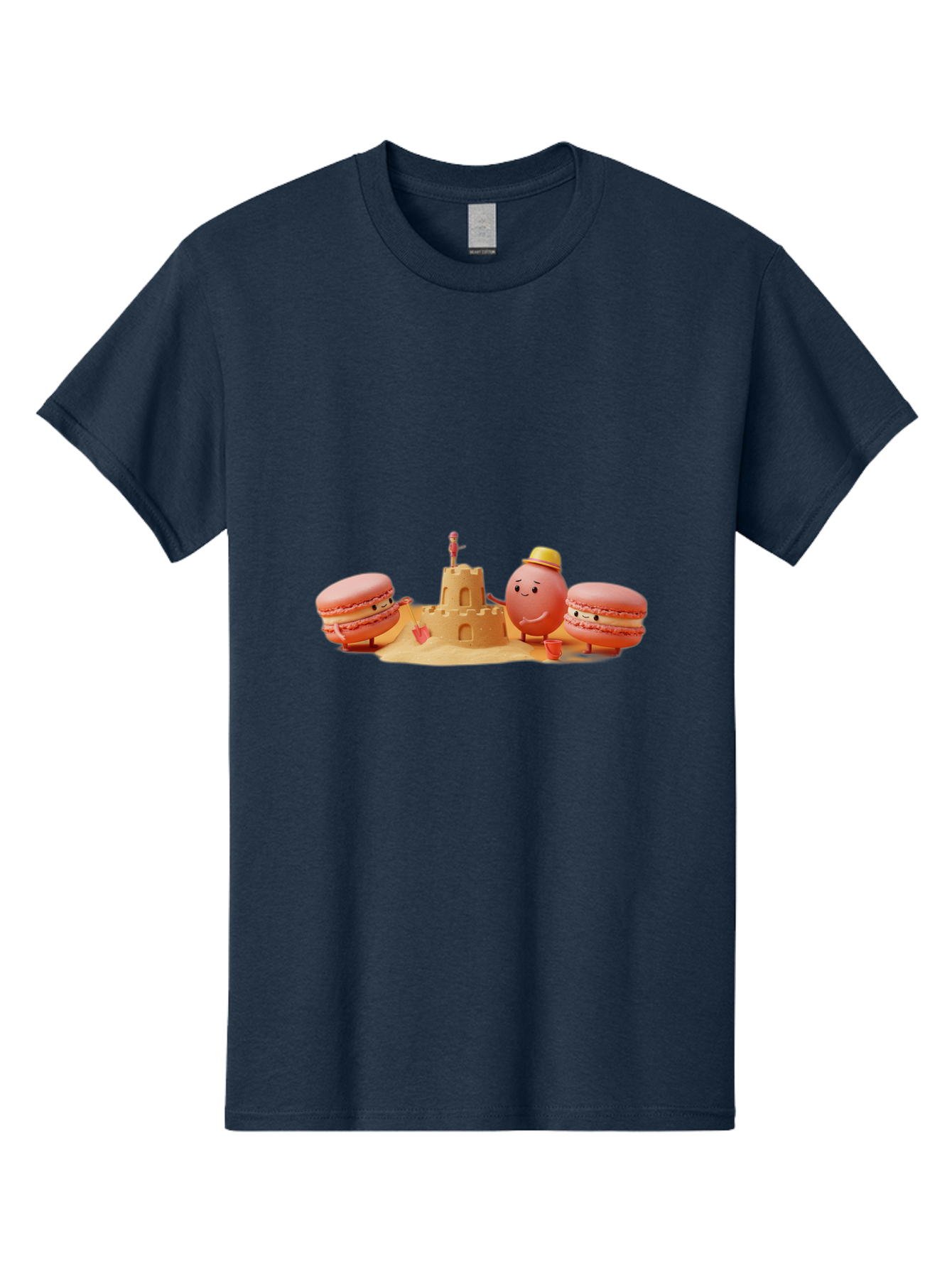Macarons-And-Macaron-Character-By-Sandcastle Men'S Graphic Tee, 100% Cotton, Comfortable Casual Summer Wear, Machine Washable, Cartoon Macarons, Sandcastle, Beach Scene, Funny Friends, Sweet Treats, Summer Vibes, Playful Characters, Baa954