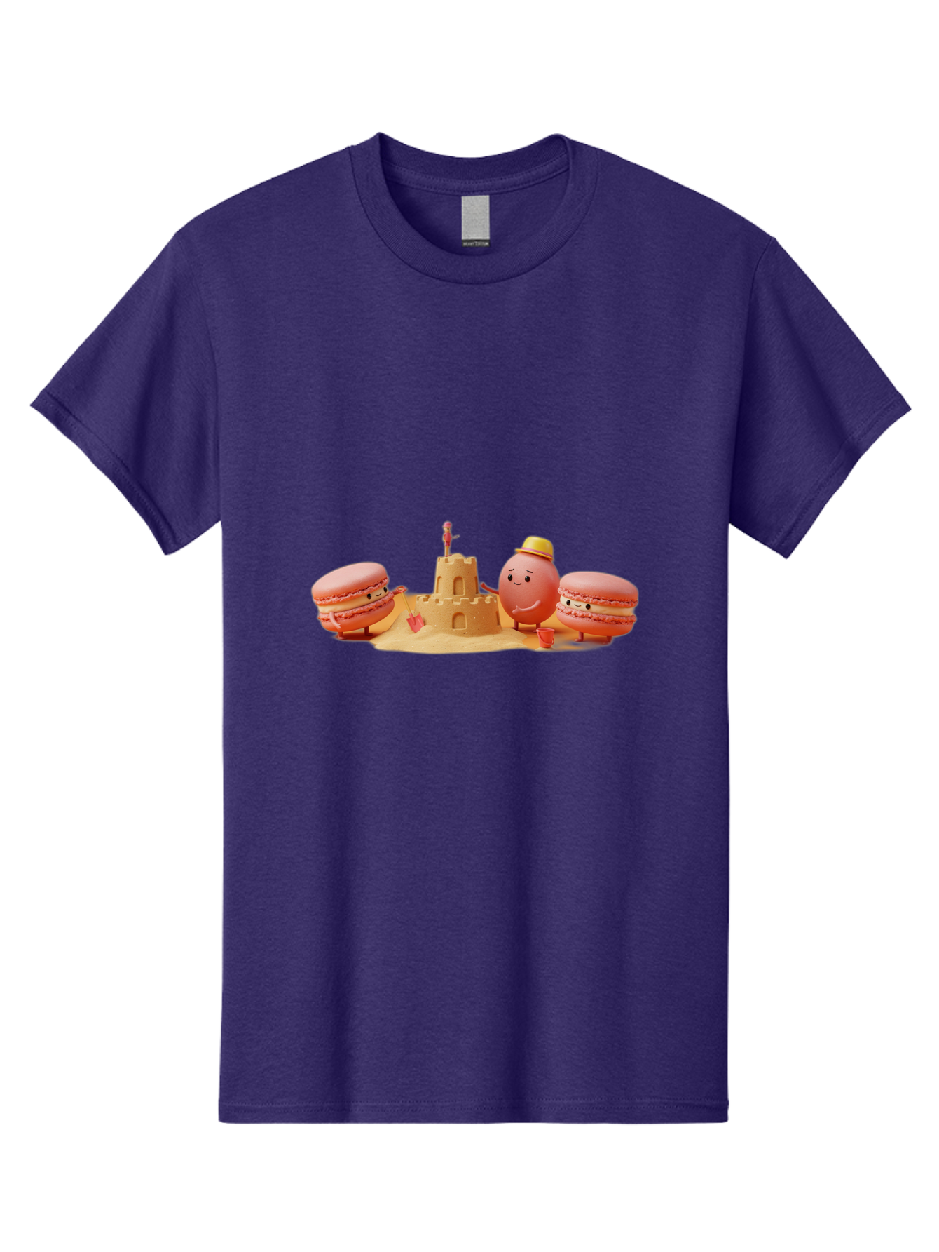 Macarons-And-Macaron-Character-By-Sandcastle Men'S Graphic Tee, 100% Cotton, Comfortable Casual Summer Wear, Machine Washable, Cartoon Macarons, Sandcastle, Beach Scene, Funny Friends, Sweet Treats, Summer Vibes, Playful Characters, Baa954