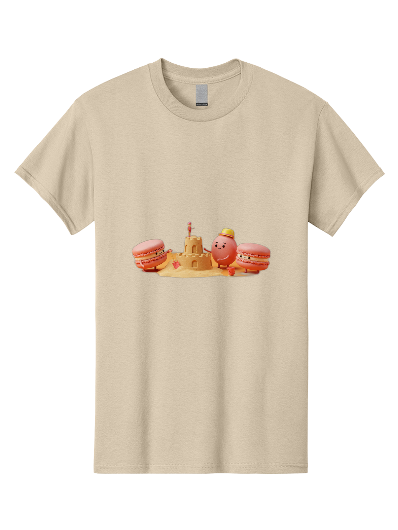 Macarons-And-Macaron-Character-By-Sandcastle Men'S Graphic Tee, 100% Cotton, Comfortable Casual Summer Wear, Machine Washable, Cartoon Macarons, Sandcastle, Beach Scene, Funny Friends, Sweet Treats, Summer Vibes, Playful Characters, Baa954