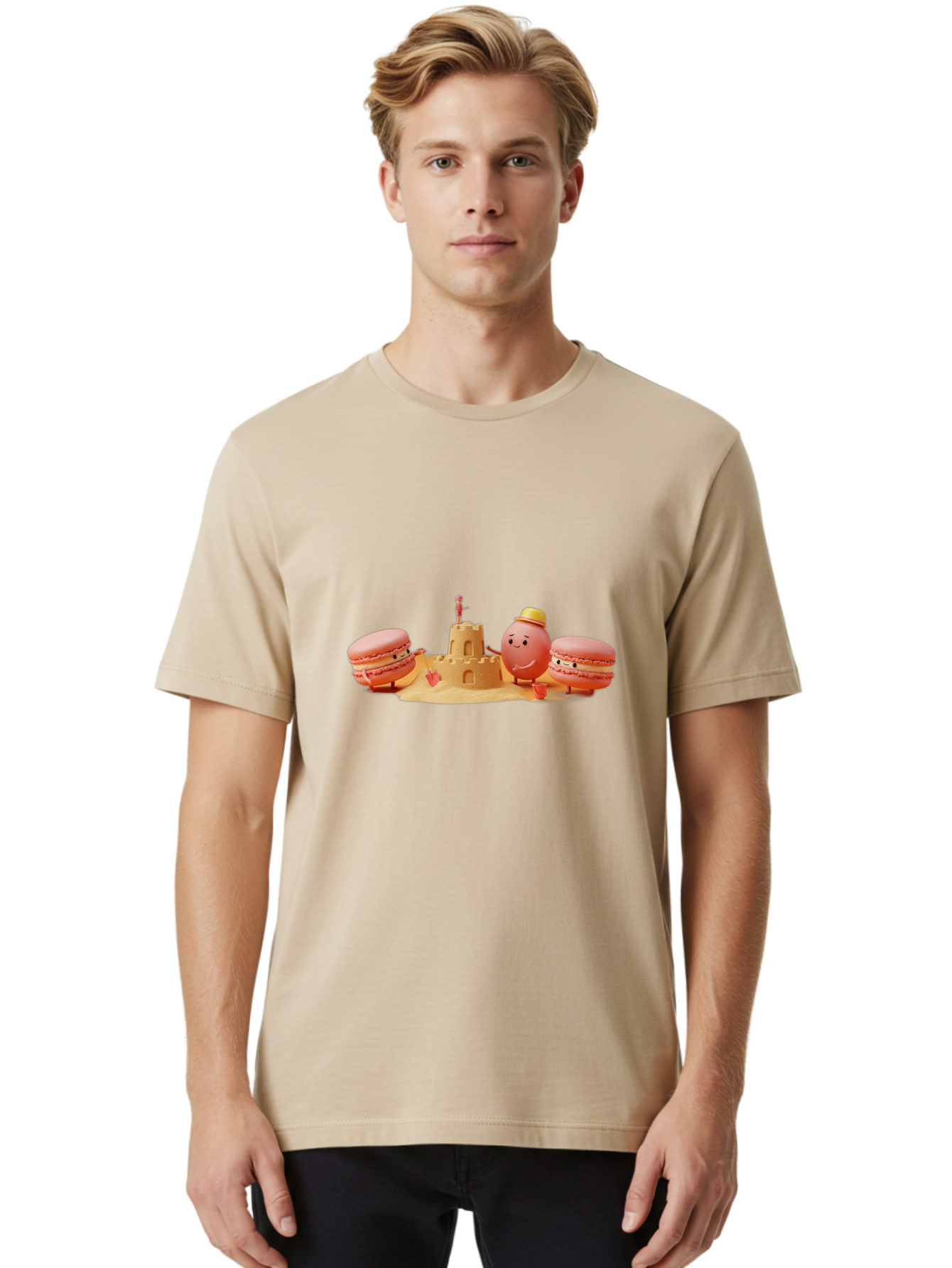 Macarons-And-Macaron-Character-By-Sandcastle Men'S Graphic Tee, 100% Cotton, Comfortable Casual Summer Wear, Machine Washable, Cartoon Macarons, Sandcastle, Beach Scene, Funny Friends, Sweet Treats, Summer Vibes, Playful Characters, Baa954