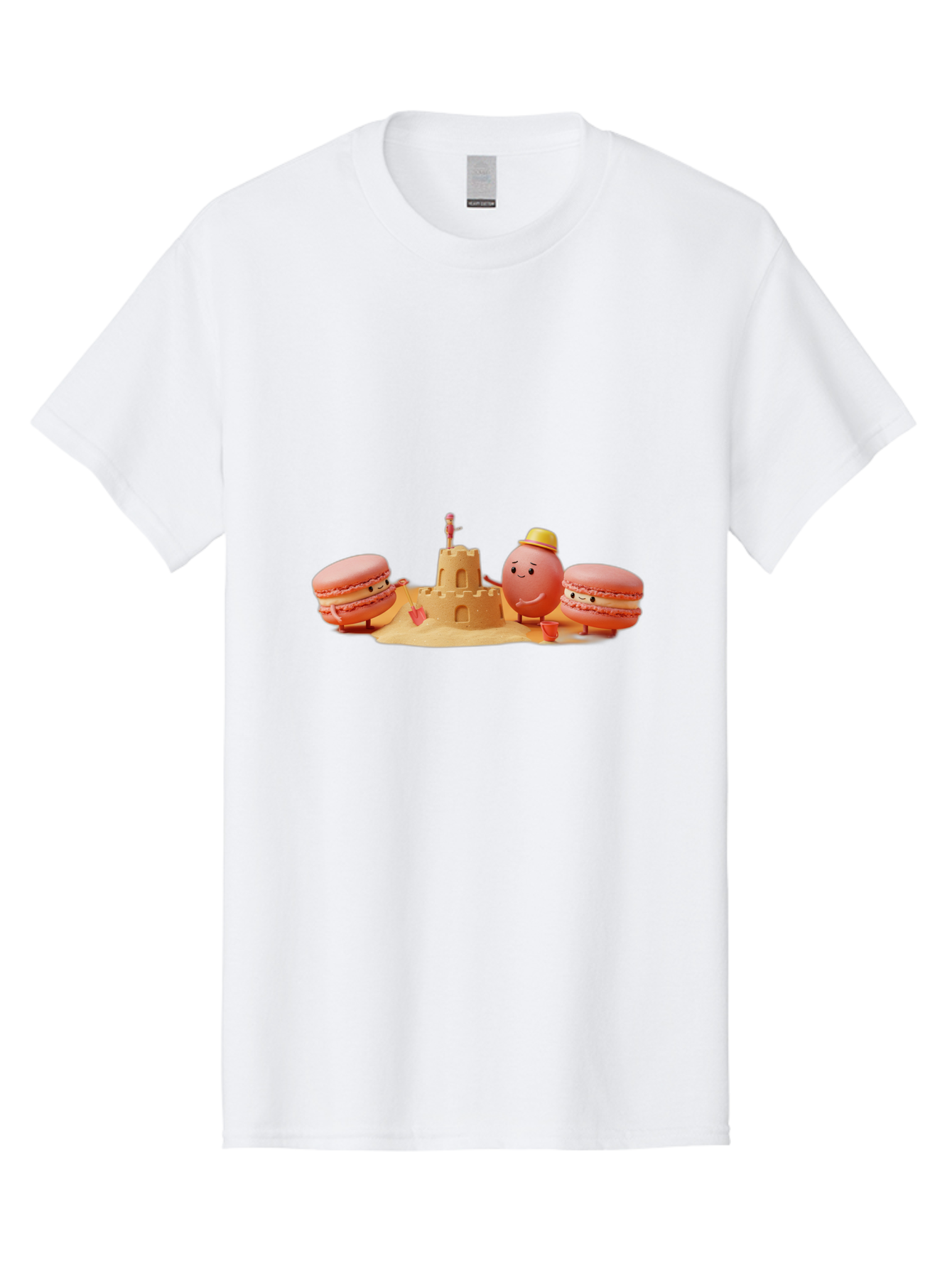 Macarons-And-Macaron-Character-By-Sandcastle Men'S Graphic Tee, 100% Cotton, Comfortable Casual Summer Wear, Machine Washable, Cartoon Macarons, Sandcastle, Beach Scene, Funny Friends, Sweet Treats, Summer Vibes, Playful Characters, Baa954