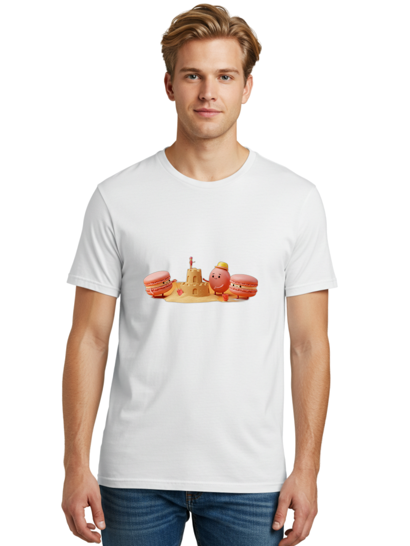Macarons-And-Macaron-Character-By-Sandcastle Men'S Graphic Tee, 100% Cotton, Comfortable Casual Summer Wear, Machine Washable, Cartoon Macarons, Sandcastle, Beach Scene, Funny Friends, Sweet Treats, Summer Vibes, Playful Characters, Baa954