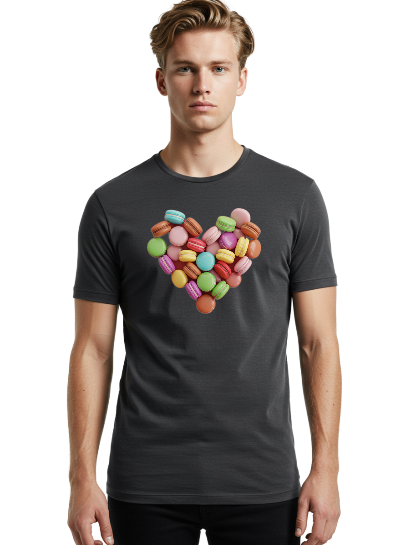 Macarons-Heart Men'S Graphic Tee, 100% Cotton, Comfortable Casual Summer Wear, Machine Washable, Pastel Colored Macarons, Heart-Shaped Arrangement, Sweet Treats, Desserts, Colorful Sweets, French Patisserie, Macaron Dessert, Vibrant Colors, Baa956