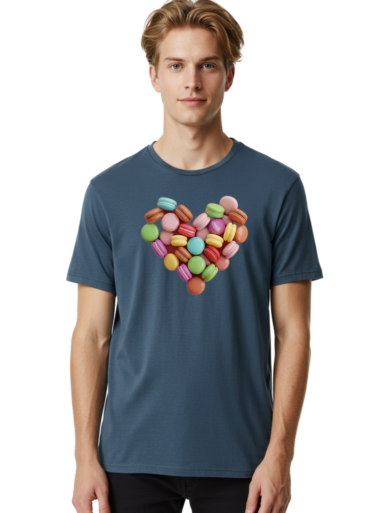 Macarons-Heart Men'S Graphic Tee, 100% Cotton, Comfortable Casual Summer Wear, Machine Washable, Pastel Colored Macarons, Heart-Shaped Arrangement, Sweet Treats, Desserts, Colorful Sweets, French Patisserie, Macaron Dessert, Vibrant Colors, Baa956