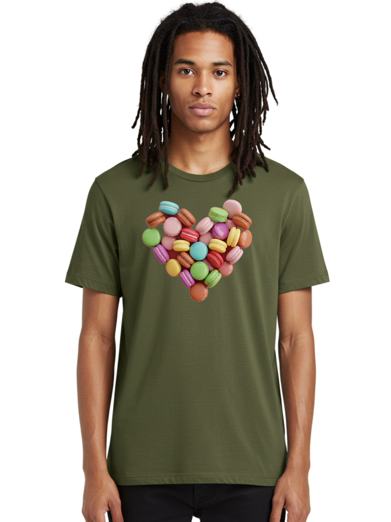 Macarons-Heart Men'S Graphic Tee, 100% Cotton, Comfortable Casual Summer Wear, Machine Washable, Pastel Colored Macarons, Heart-Shaped Arrangement, Sweet Treats, Desserts, Colorful Sweets, French Patisserie, Macaron Dessert, Vibrant Colors, Baa956