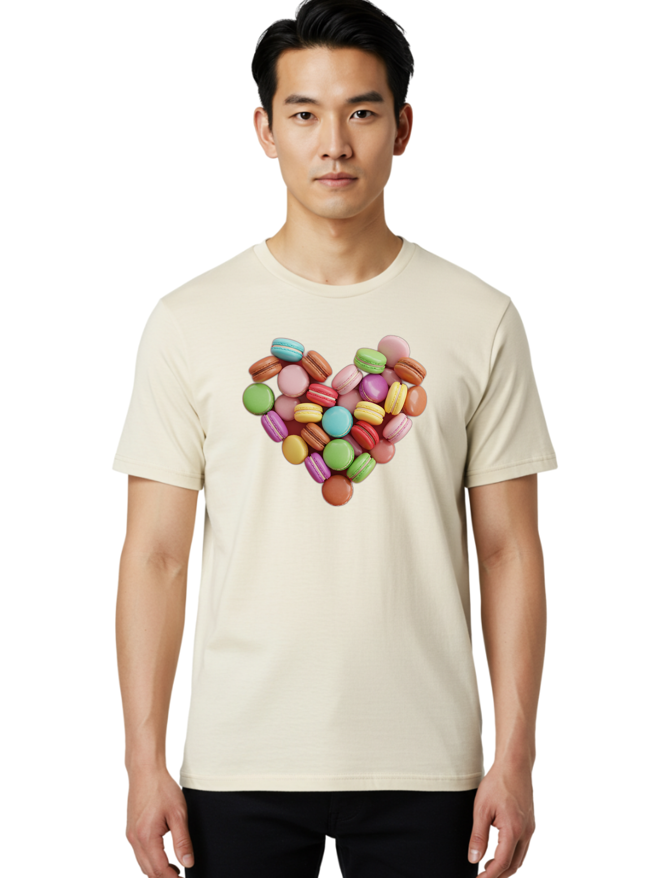 Macarons-Heart Men'S Graphic Tee, 100% Cotton, Comfortable Casual Summer Wear, Machine Washable, Pastel Colored Macarons, Heart-Shaped Arrangement, Sweet Treats, Desserts, Colorful Sweets, French Patisserie, Macaron Dessert, Vibrant Colors, Baa956