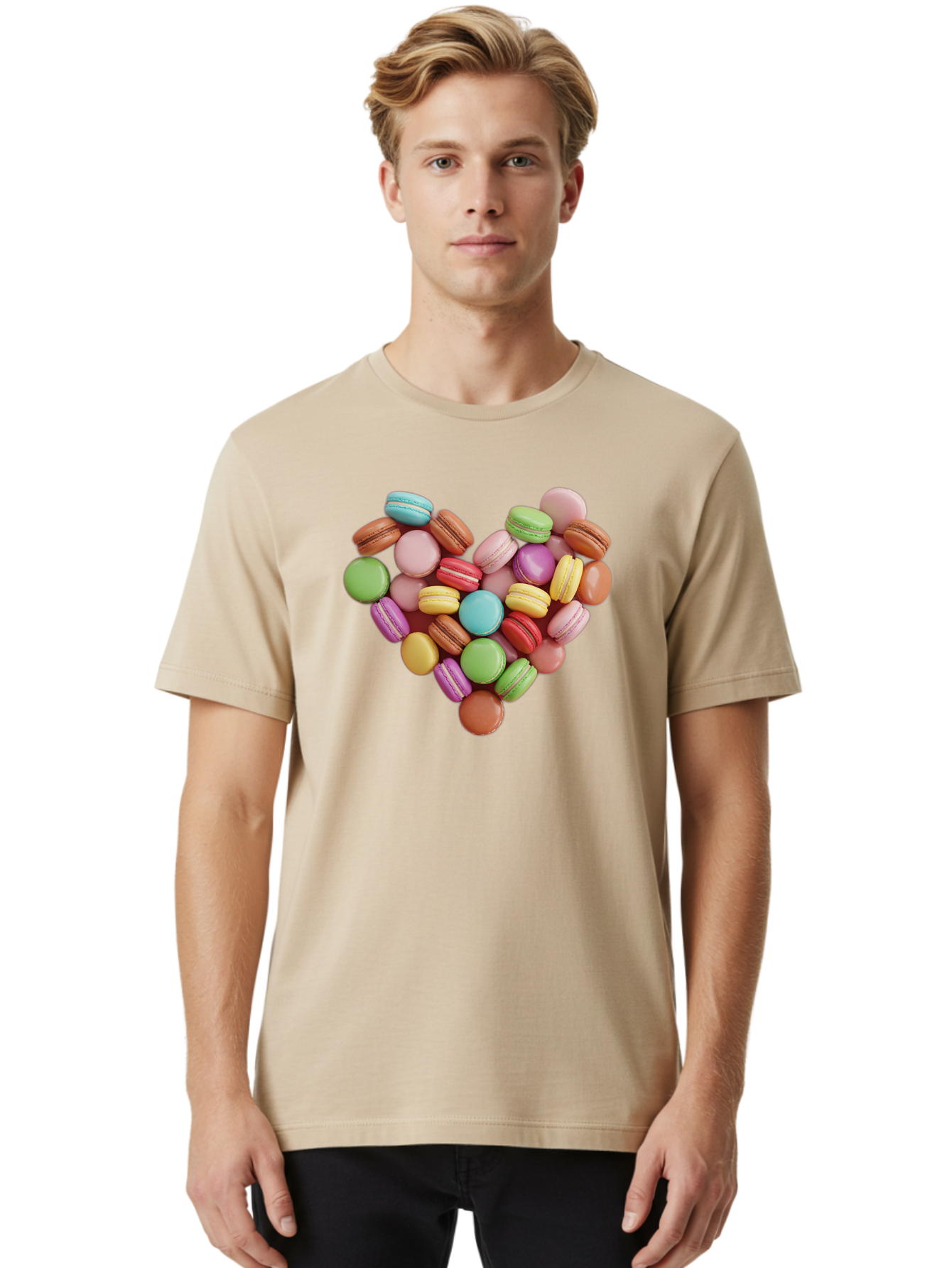 Macarons-Heart Men'S Graphic Tee, 100% Cotton, Comfortable Casual Summer Wear, Machine Washable, Pastel Colored Macarons, Heart-Shaped Arrangement, Sweet Treats, Desserts, Colorful Sweets, French Patisserie, Macaron Dessert, Vibrant Colors, Baa956