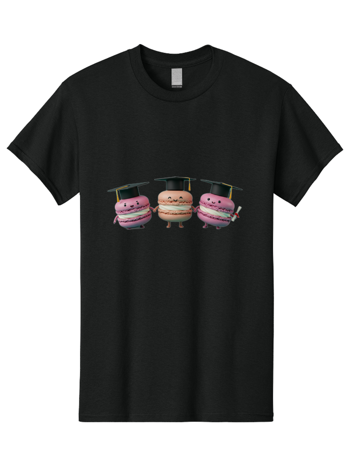 Macarons-In-Graduation-Caps Men'S Graphic Tee, 100% Cotton, Comfortable Casual Summer Wear, Machine Washable, Macarons In Graduation Caps, Cartoon Characters, Holding Hands, Smiling Faces, Diploma In Hand, Celebratory Mood, Pink Macarons, Baa957