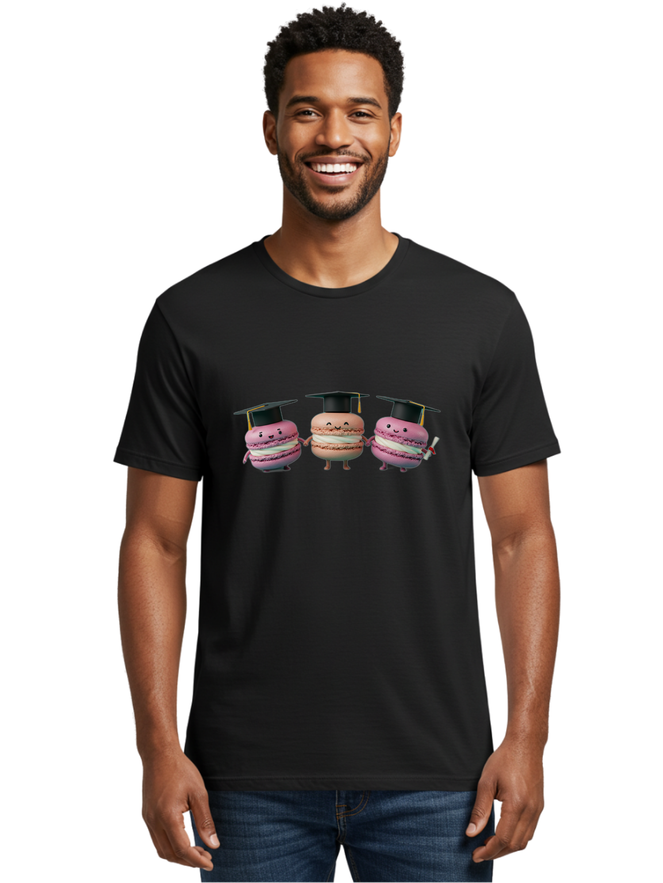 Macarons-In-Graduation-Caps Men'S Graphic Tee, 100% Cotton, Comfortable Casual Summer Wear, Machine Washable, Macarons In Graduation Caps, Cartoon Characters, Holding Hands, Smiling Faces, Diploma In Hand, Celebratory Mood, Pink Macarons, Baa957