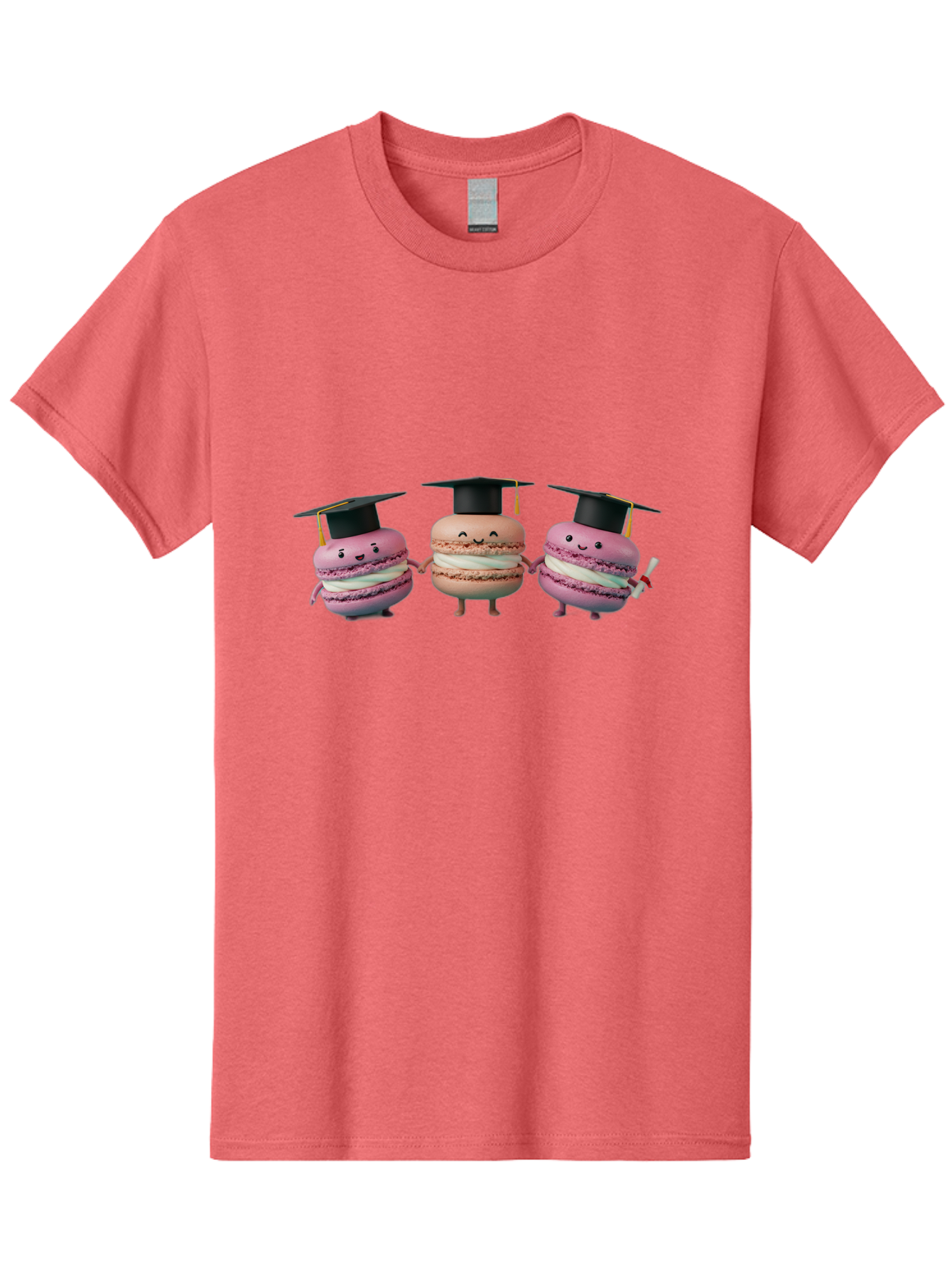 Macarons-In-Graduation-Caps Men'S Graphic Tee, 100% Cotton, Comfortable Casual Summer Wear, Machine Washable, Macarons In Graduation Caps, Cartoon Characters, Holding Hands, Smiling Faces, Diploma In Hand, Celebratory Mood, Pink Macarons, Baa957