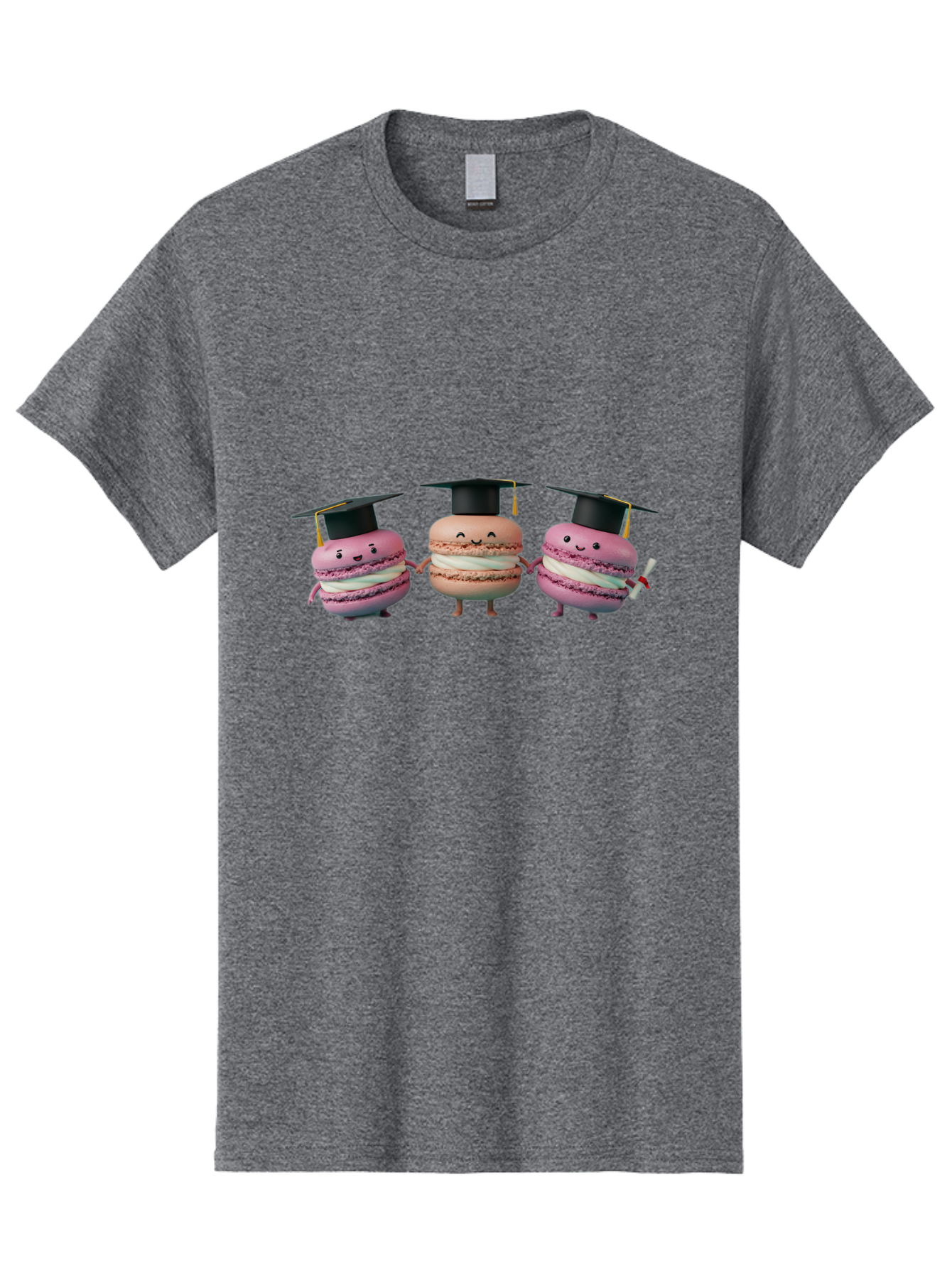Macarons-In-Graduation-Caps Men'S Graphic Tee, 100% Cotton, Comfortable Casual Summer Wear, Machine Washable, Macarons In Graduation Caps, Cartoon Characters, Holding Hands, Smiling Faces, Diploma In Hand, Celebratory Mood, Pink Macarons, Baa957