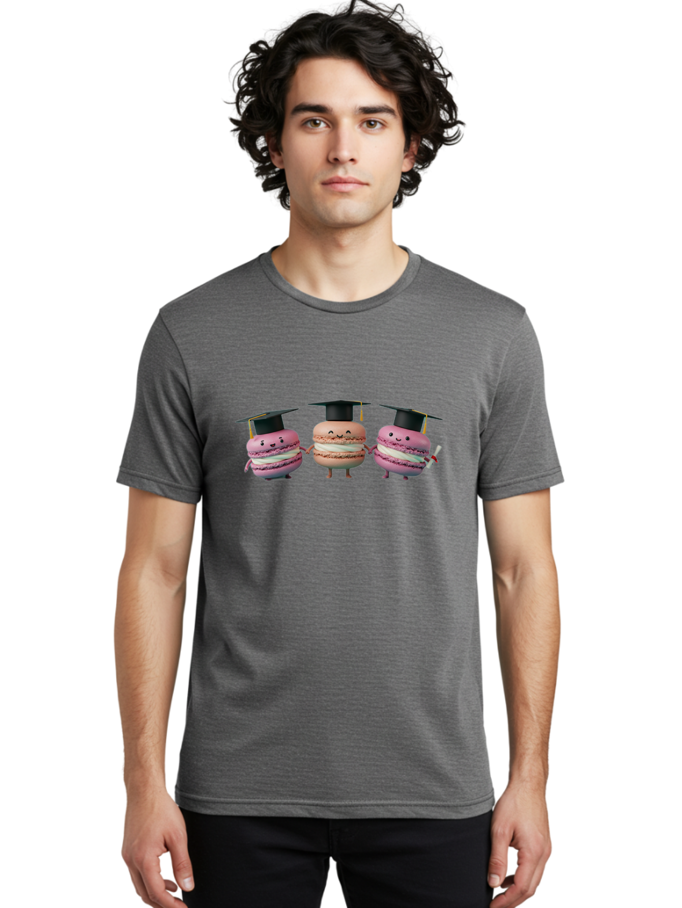 Macarons-In-Graduation-Caps Men'S Graphic Tee, 100% Cotton, Comfortable Casual Summer Wear, Machine Washable, Macarons In Graduation Caps, Cartoon Characters, Holding Hands, Smiling Faces, Diploma In Hand, Celebratory Mood, Pink Macarons, Baa957