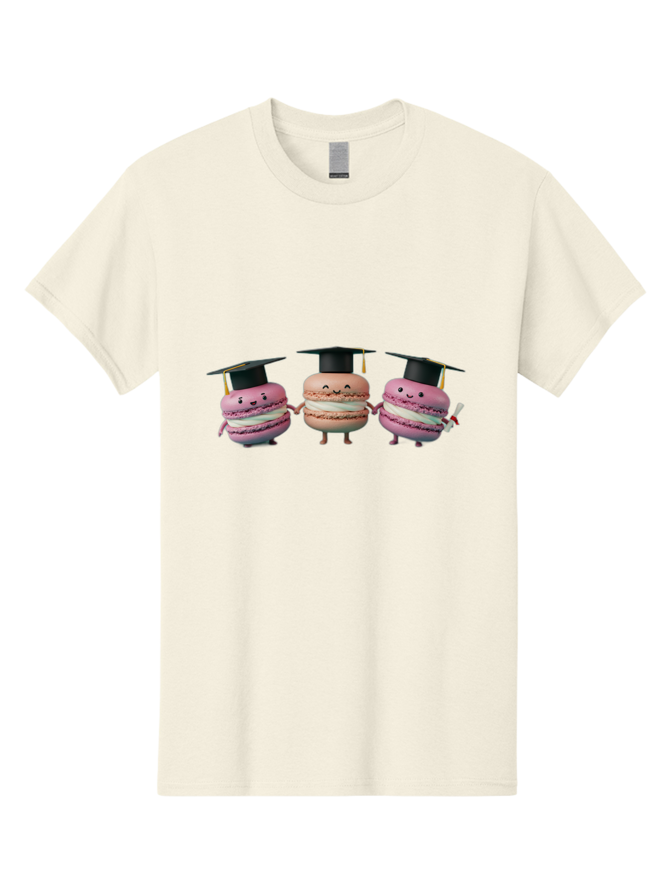 Macarons-In-Graduation-Caps Men'S Graphic Tee, 100% Cotton, Comfortable Casual Summer Wear, Machine Washable, Macarons In Graduation Caps, Cartoon Characters, Holding Hands, Smiling Faces, Diploma In Hand, Celebratory Mood, Pink Macarons, Baa957