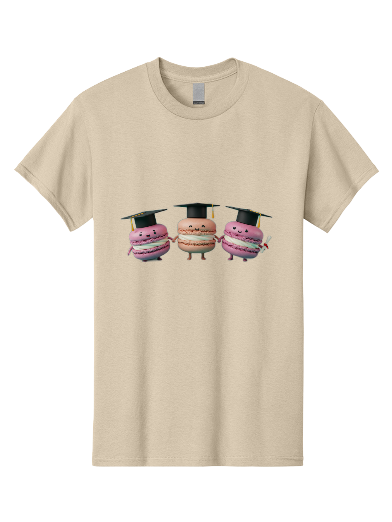 Macarons-In-Graduation-Caps Men'S Graphic Tee, 100% Cotton, Comfortable Casual Summer Wear, Machine Washable, Macarons In Graduation Caps, Cartoon Characters, Holding Hands, Smiling Faces, Diploma In Hand, Celebratory Mood, Pink Macarons, Baa957