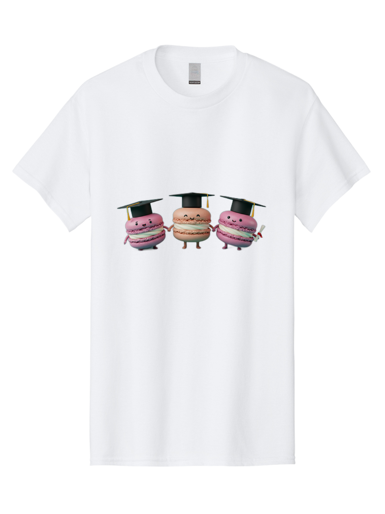 Macarons-In-Graduation-Caps Men'S Graphic Tee, 100% Cotton, Comfortable Casual Summer Wear, Machine Washable, Macarons In Graduation Caps, Cartoon Characters, Holding Hands, Smiling Faces, Diploma In Hand, Celebratory Mood, Pink Macarons, Baa957