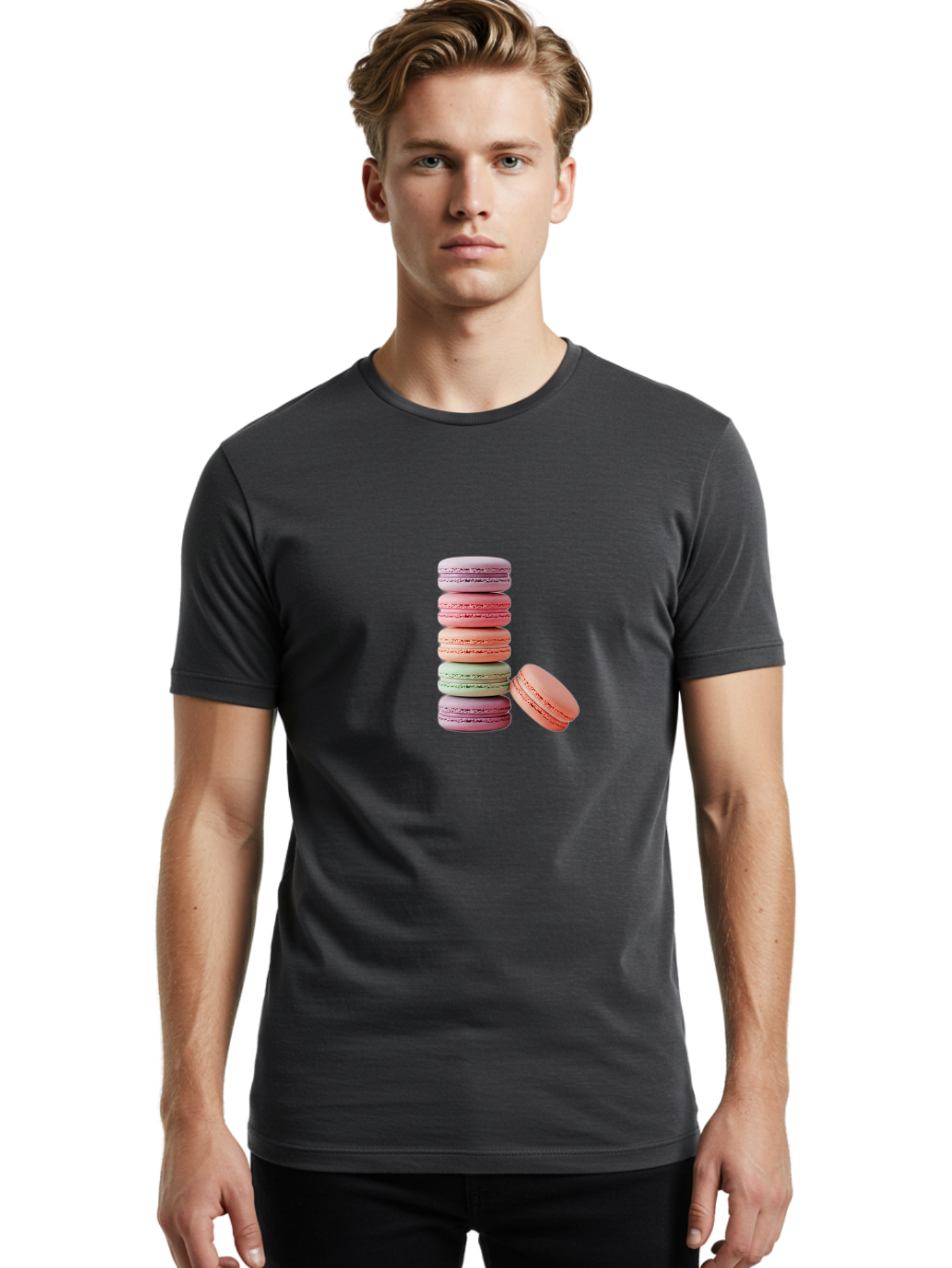 Macarons-Stack Men'S Graphic Tee, 100% Cotton, Comfortable Casual Summer Wear, Machine Washable, Colorful Macarons, Stacked Macarons, Pastel Colors, Sweet Treats, French Desserts, Delicate Cookies, Vibrant Hues, Layered Macarons Baa959