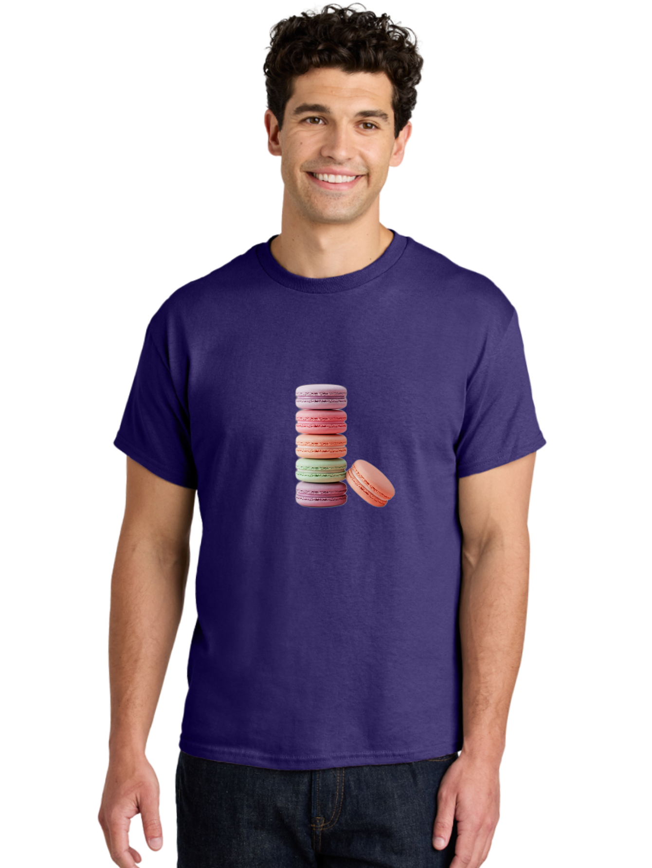 Macarons-Stack Men'S Graphic Tee, 100% Cotton, Comfortable Casual Summer Wear, Machine Washable, Colorful Macarons, Stacked Macarons, Pastel Colors, Sweet Treats, French Desserts, Delicate Cookies, Vibrant Hues, Layered Macarons Baa959
