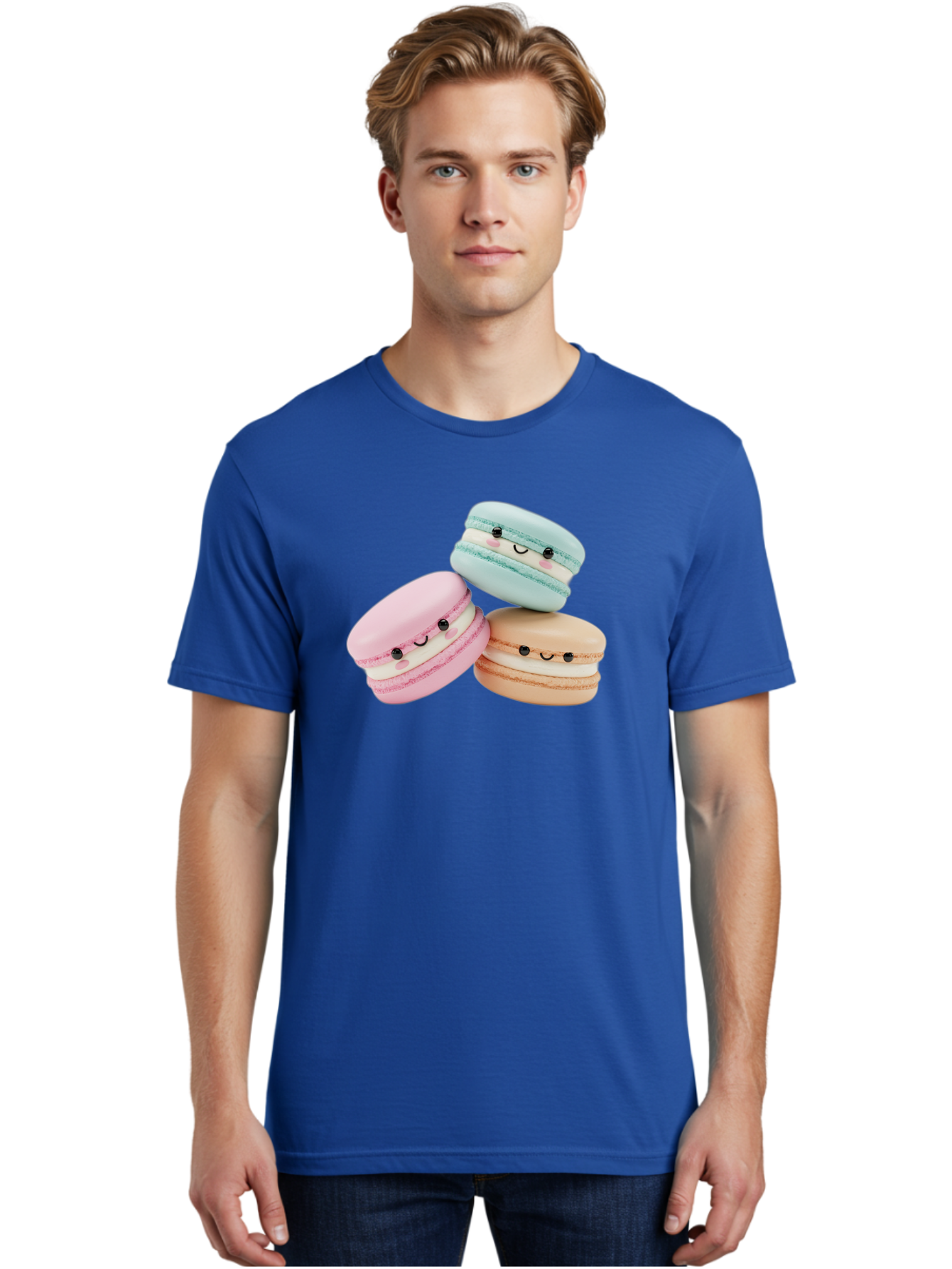 Macarons-With-Faces Men'S Graphic Tee, 100% Cotton, Comfortable Casual Summer Wear, Machine Washable, Pink Macaron, Blue Macaron, Peach Macaron, Cute Desserts, Colorful Treats, Plush Macarons, Sweet Pastries, Adorable Faces, Smiling Macarons, Baa960