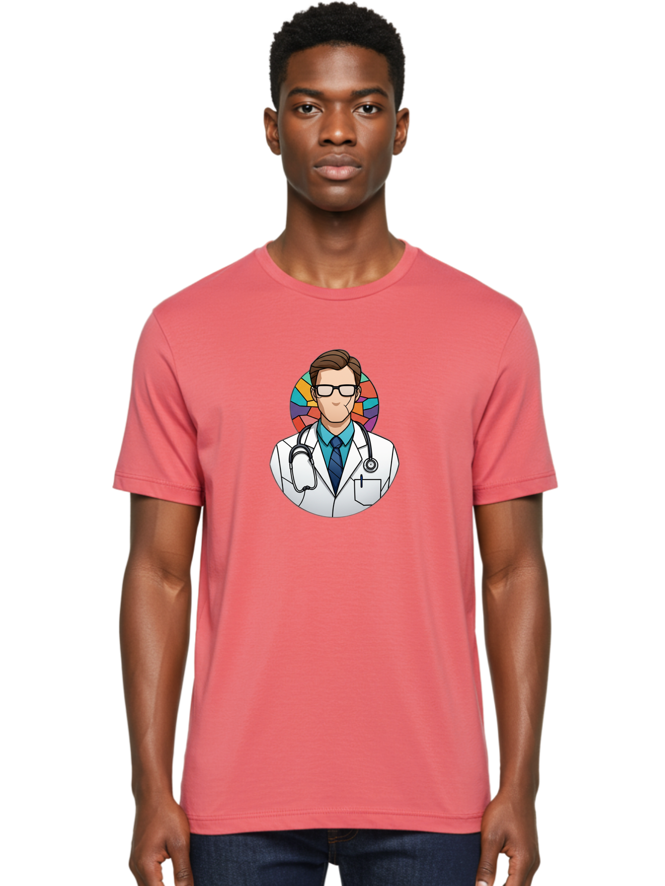 Male-Doctor Men'S Graphic Tee, 100% Cotton, Comfortable Casual Summer Wear, Machine Washable, Cartoon Doctor, Medical Professional, White Coat, Stethoscope, Blue Shirt, Tie, Glasses, Brown Hair, Multicolored Circle Baa965
