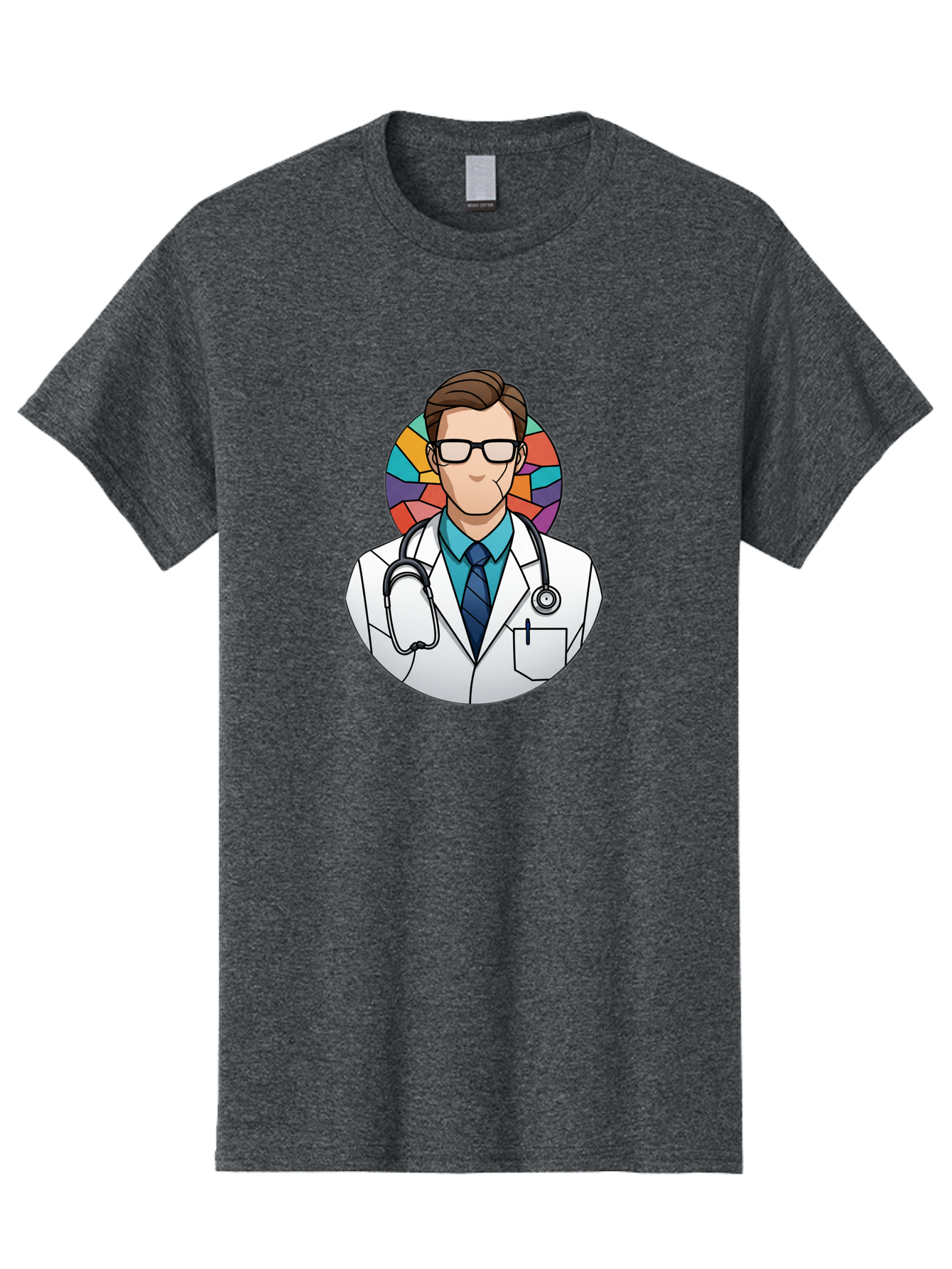 Male-Doctor Men'S Graphic Tee, 100% Cotton, Comfortable Casual Summer Wear, Machine Washable, Cartoon Doctor, Medical Professional, White Coat, Stethoscope, Blue Shirt, Tie, Glasses, Brown Hair, Multicolored Circle Baa965