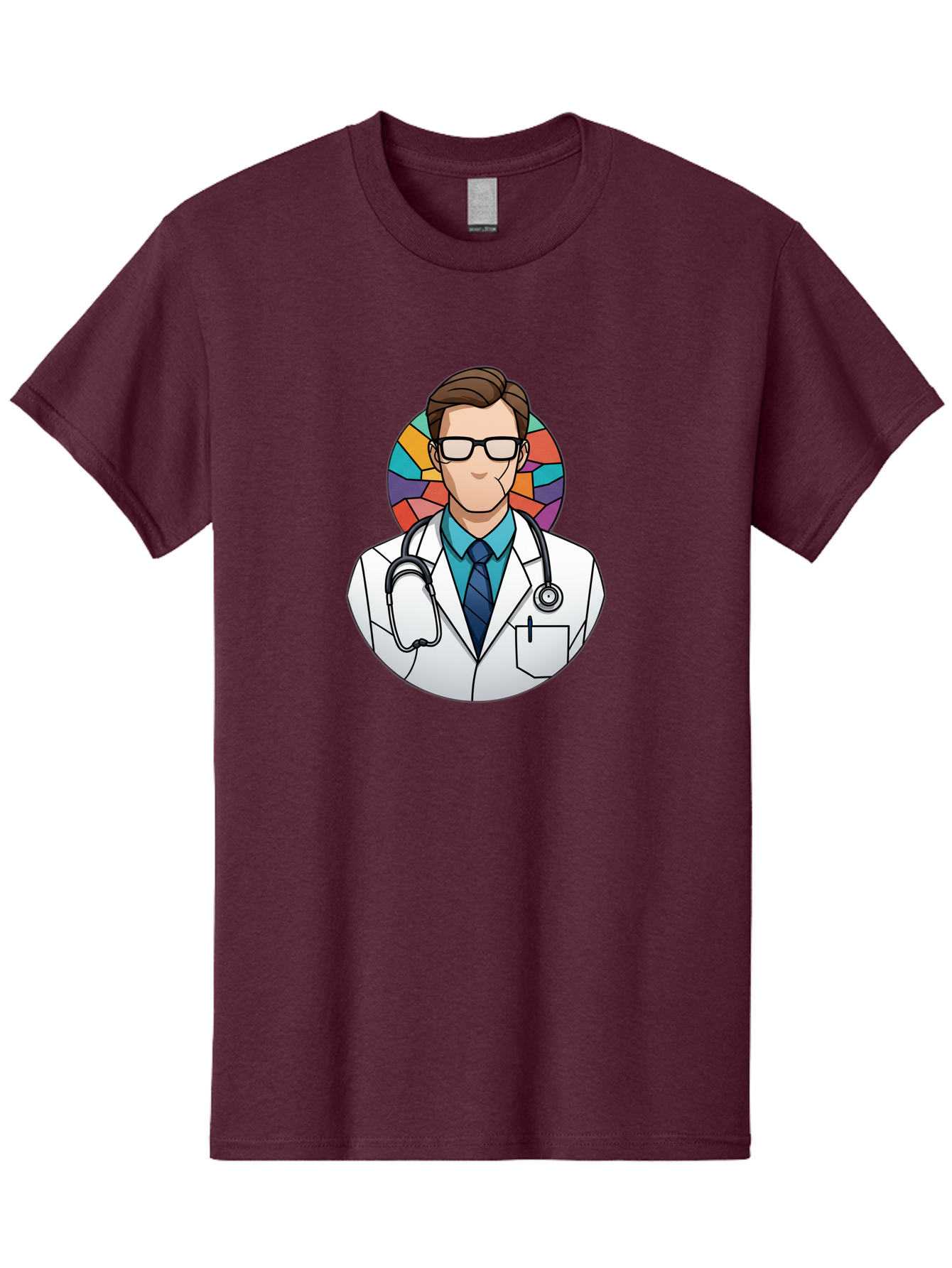 Male-Doctor Men'S Graphic Tee, 100% Cotton, Comfortable Casual Summer Wear, Machine Washable, Cartoon Doctor, Medical Professional, White Coat, Stethoscope, Blue Shirt, Tie, Glasses, Brown Hair, Multicolored Circle Baa965
