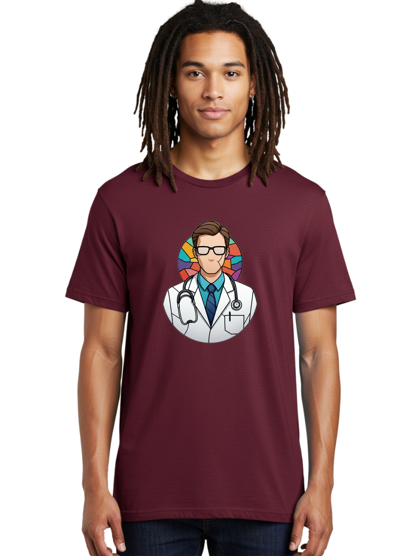 Male-Doctor Men'S Graphic Tee, 100% Cotton, Comfortable Casual Summer Wear, Machine Washable, Cartoon Doctor, Medical Professional, White Coat, Stethoscope, Blue Shirt, Tie, Glasses, Brown Hair, Multicolored Circle Baa965
