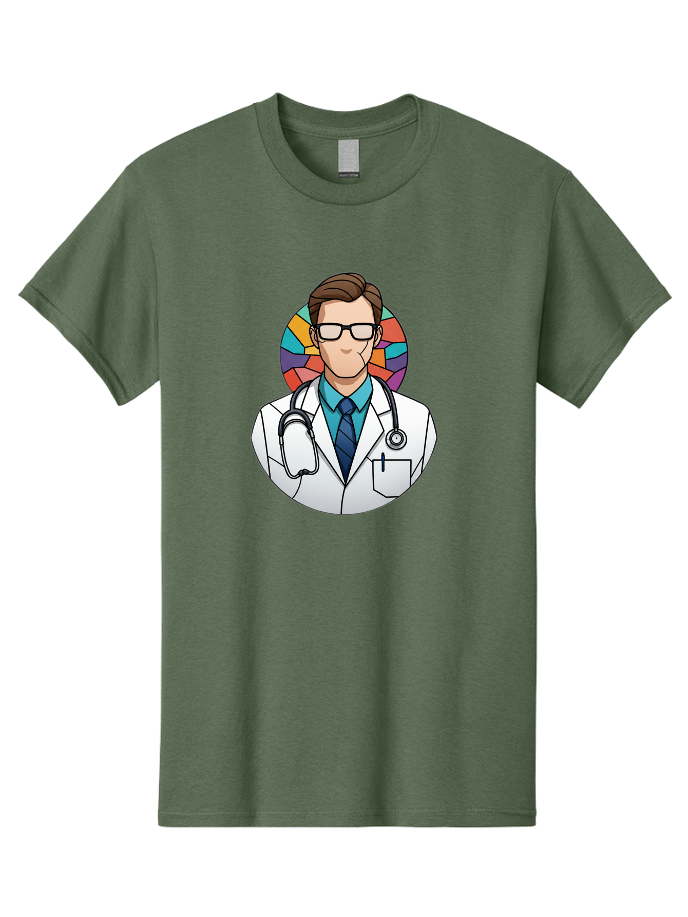 Male-Doctor Men'S Graphic Tee, 100% Cotton, Comfortable Casual Summer Wear, Machine Washable, Cartoon Doctor, Medical Professional, White Coat, Stethoscope, Blue Shirt, Tie, Glasses, Brown Hair, Multicolored Circle Baa965