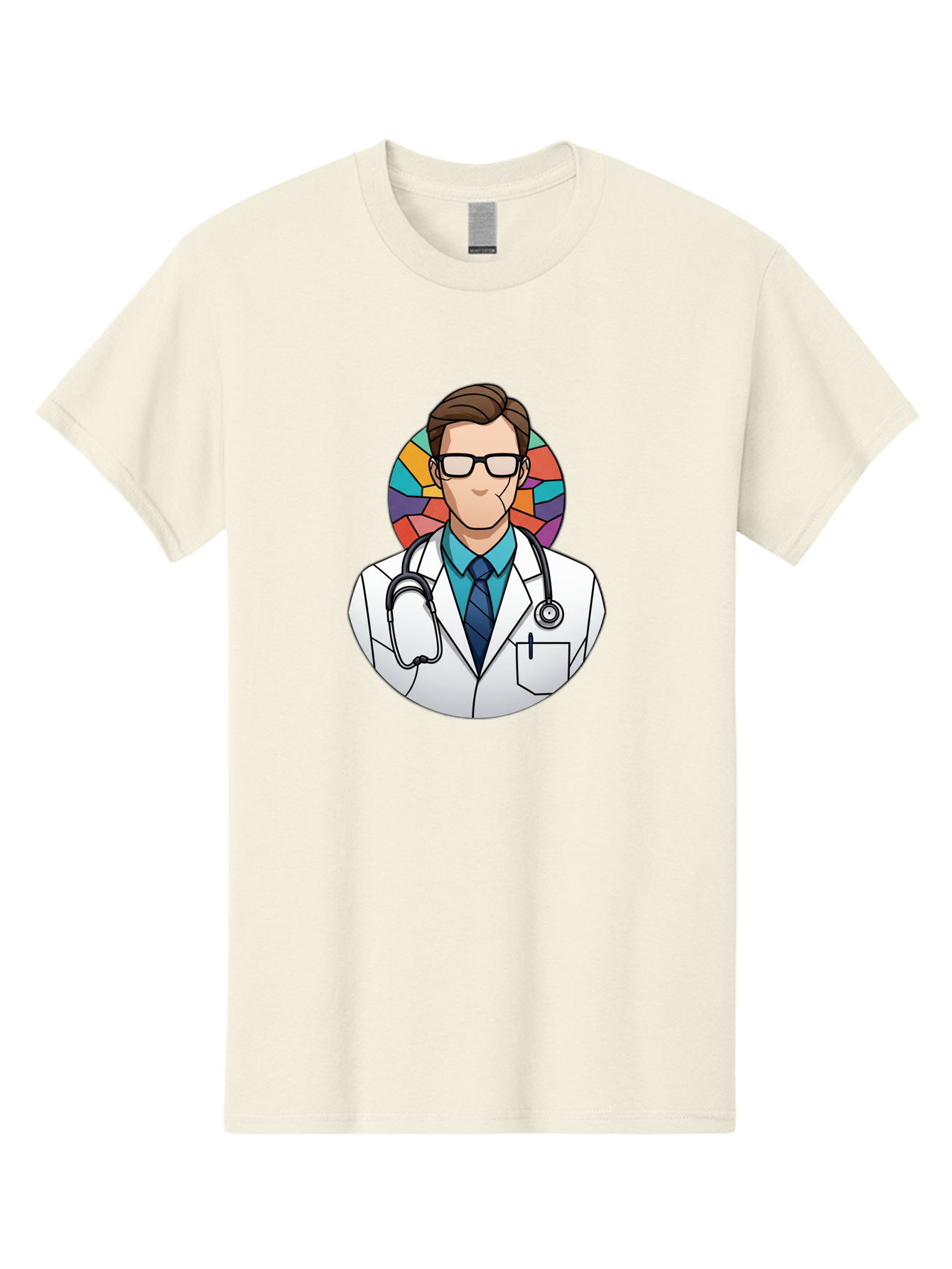 Male-Doctor Men'S Graphic Tee, 100% Cotton, Comfortable Casual Summer Wear, Machine Washable, Cartoon Doctor, Medical Professional, White Coat, Stethoscope, Blue Shirt, Tie, Glasses, Brown Hair, Multicolored Circle Baa965