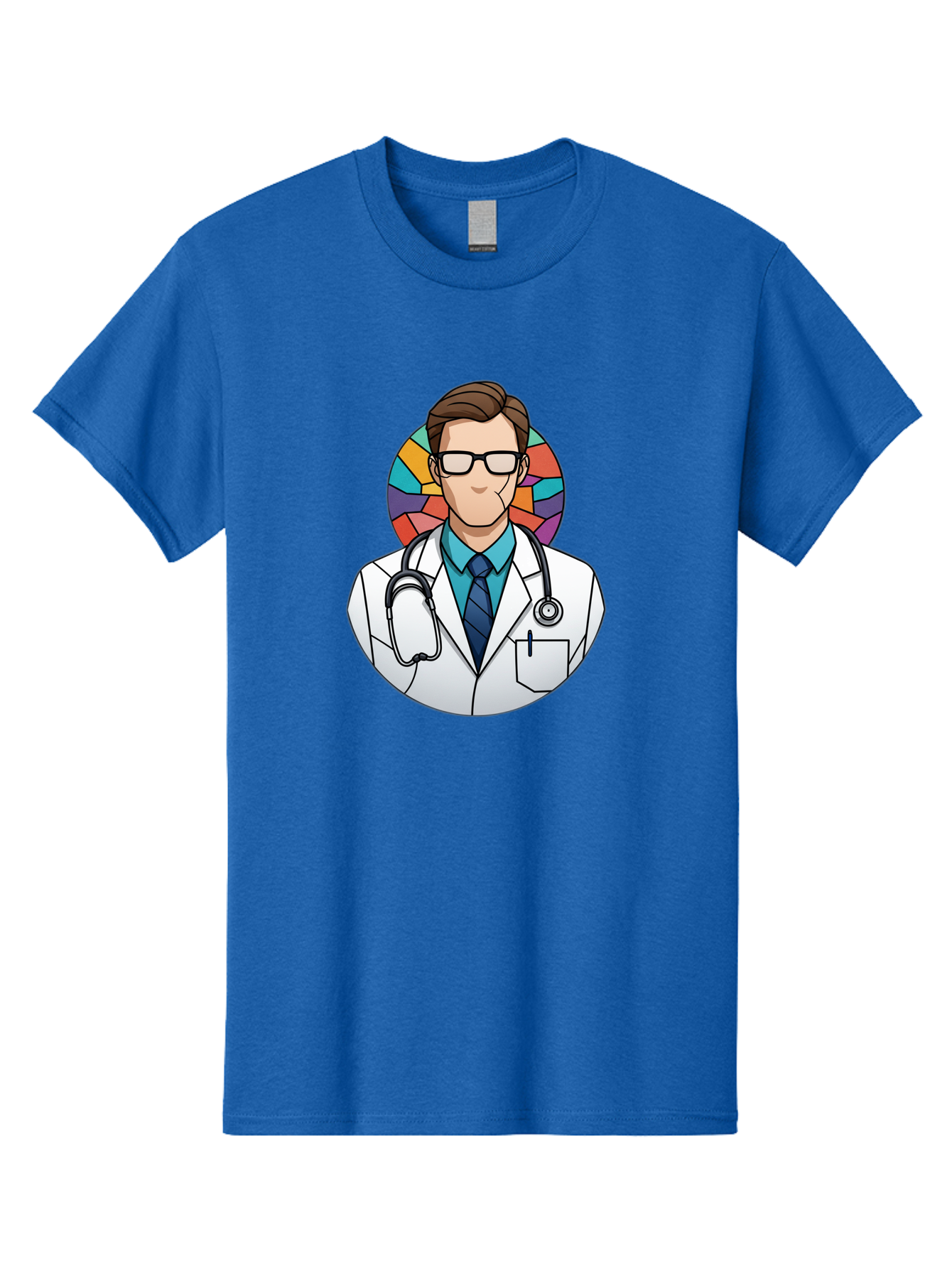 Male-Doctor Men'S Graphic Tee, 100% Cotton, Comfortable Casual Summer Wear, Machine Washable, Cartoon Doctor, Medical Professional, White Coat, Stethoscope, Blue Shirt, Tie, Glasses, Brown Hair, Multicolored Circle Baa965