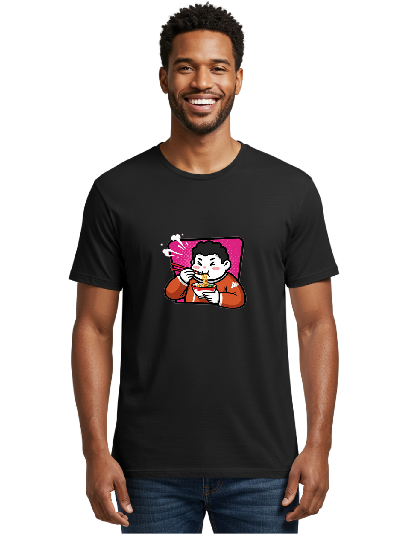 Man-Eating-Ramen Men'S Graphic Tee, 100% Cotton, Comfortable Casual Summer Wear, Machine Washable, Cartoon Boy Eating Ramen, Steaming Hot Noodles, Chopsticks In Action, Kawaii Character, Anime Style, Foodie Culture, Asian Cuisine, Baa966