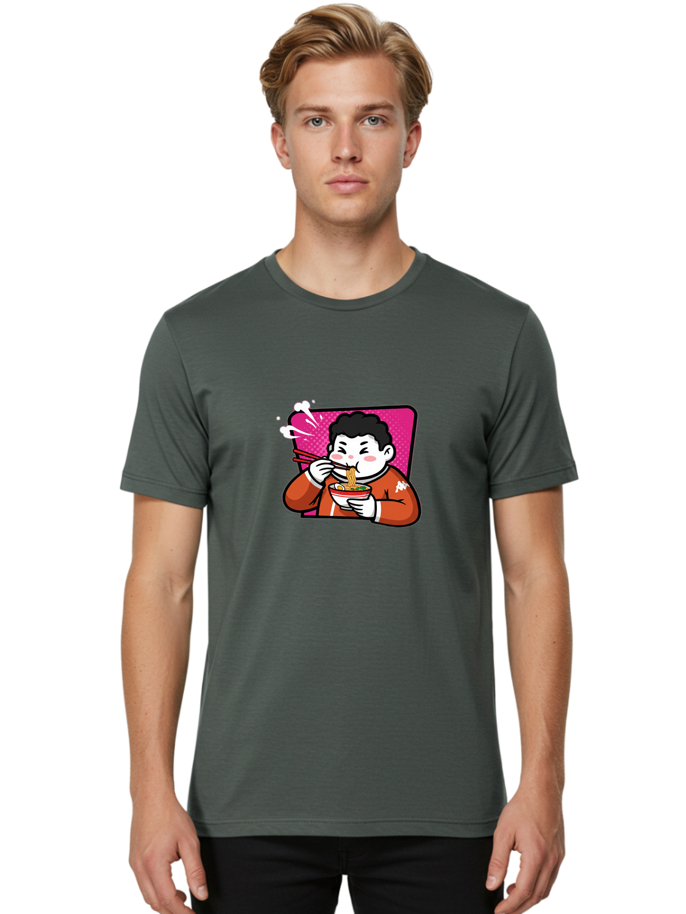 Man-Eating-Ramen Men'S Graphic Tee, 100% Cotton, Comfortable Casual Summer Wear, Machine Washable, Cartoon Boy Eating Ramen, Steaming Hot Noodles, Chopsticks In Action, Kawaii Character, Anime Style, Foodie Culture, Asian Cuisine, Baa966