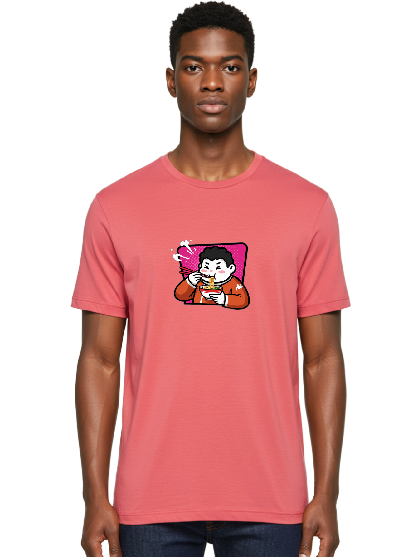 Man-Eating-Ramen Men'S Graphic Tee, 100% Cotton, Comfortable Casual Summer Wear, Machine Washable, Cartoon Boy Eating Ramen, Steaming Hot Noodles, Chopsticks In Action, Kawaii Character, Anime Style, Foodie Culture, Asian Cuisine, Baa966
